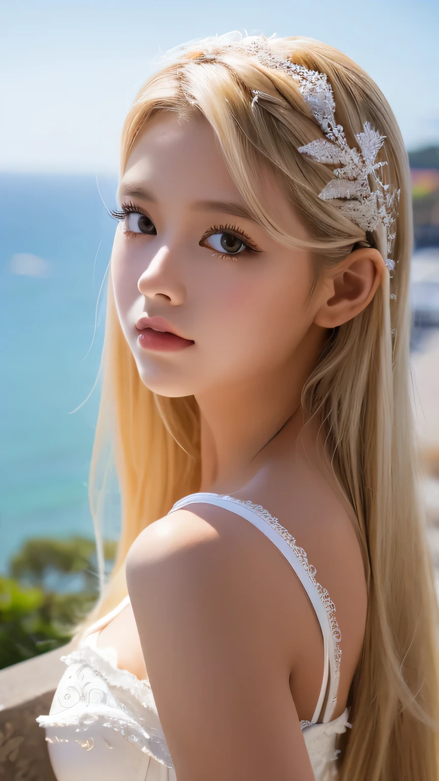 1 girl, alone, looking at the viewer, blonde long hair, Wearing a white corset, white stockings、big ass, brown eyes, Upper body, coastal rocks background, big , lips, realistic, königreuther､masterpiece, 最high quality, high quality, High resolution, (((close up of face)))