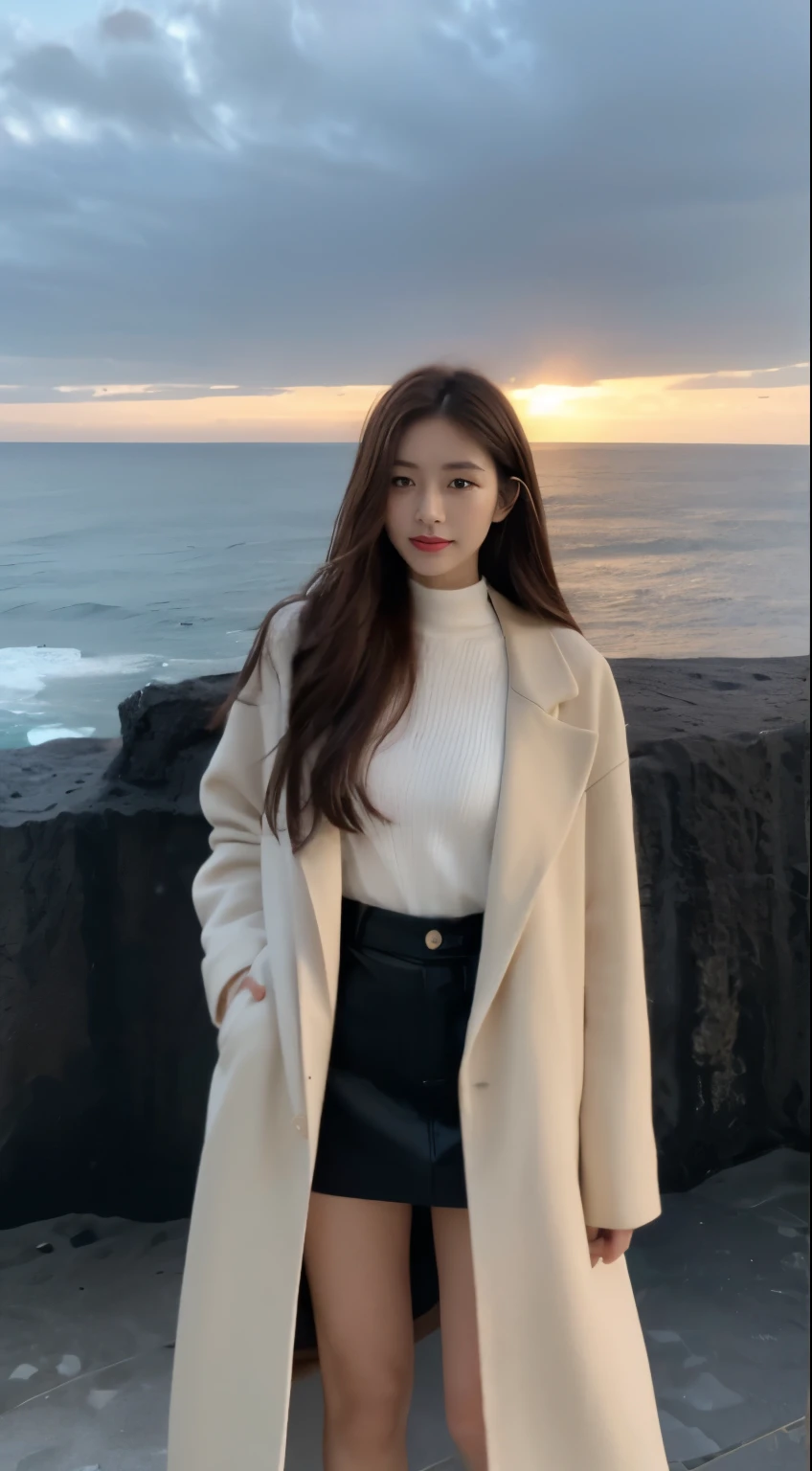 (night, need, 8k, masterpiece:1.3)), Full body female love, long legs, focus:1.2, Beautiful woman with perfect body:1.4, Slim abs:1.1, ((Dark brown hair, big:1.2 )), (coat，face camera:1.2,), ((Ocean，:1.3)), Highly detailed facial and skin textures, delicate eyes, double eyelids，flying long hair，full-body shot，sisterhood，Girlfriends taking photos together
