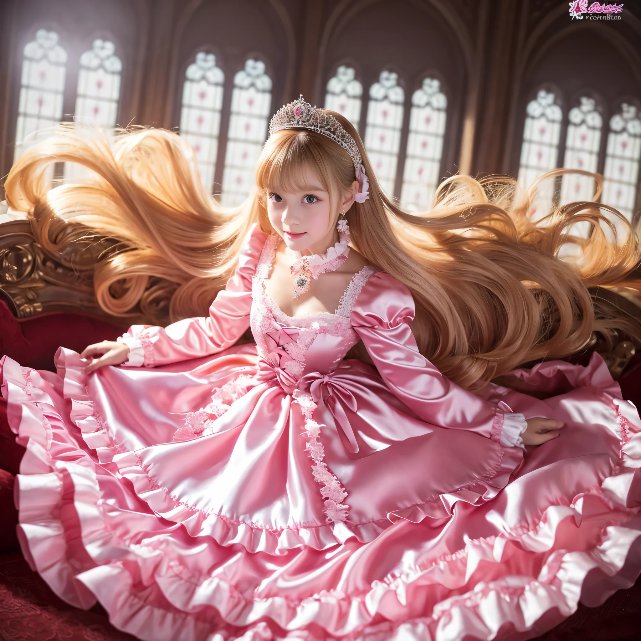 ,highest quality, masterpiece, highest resolution, artwork, super それにget used to it, many get used to it, get used to it, それにget used to it, 3K realistic photos,,((10 year old s)),Super detailed baby face,both are princesses,Full length ball gown dress with hoop skirt,ruffled yoke collar,Detailed braided ribbon on chest,puff sleeves,long sleeve,((Lolita stylt pink detailed princess satin dress、Comes with lots of frills and ribbons。)),crazy'colorful fashion,shiny silk satin dress,soft and smooth silk satin fabric,luxury,Very long blonde hair,blue eyes,white skin european,pajamas,((inside the palace)),Princess dancing happily,gorgeous flowing dress,fine white frills and lace,Super long hair that is as tall as your body,Super long wavy hair,
