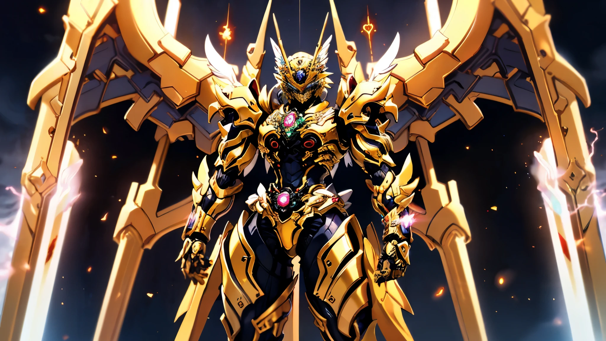 A woman adorned in fantasy-style full-body armor, a crown-concept fully enclosed helmet that unveils only her eyes, a composite layered chest plate, fully encompassing shoulder and hand guards, a lightweight waist armor, form-fitting shin guards, the overall design is heavy-duty yet flexible, ((the armor gleams with a golden glow, complemented by red and blue accents)), exhibiting a noble aura, she floats above a fantasy-surreal high-tech city, this character embodies a finely crafted fantasy-surreal style armored hero in anime style, exquisite and mature manga art style, (Queen bee mixed with Spider concept Armor, plasma, blood), ((Element, energy, elegant, goddess, femminine:1.5)), metallic, high definition, best quality, highres, ultra-detailed, ultra-fine painting, extremely delicate, professional, anatomically correct, symmetrical face, extremely detailed eyes and face, high quality eyes, creativity, RAW photo, UHD, 32k, Natural light, cinematic lighting, masterpiece-anatomy-perfect, masterpiece:1.5
