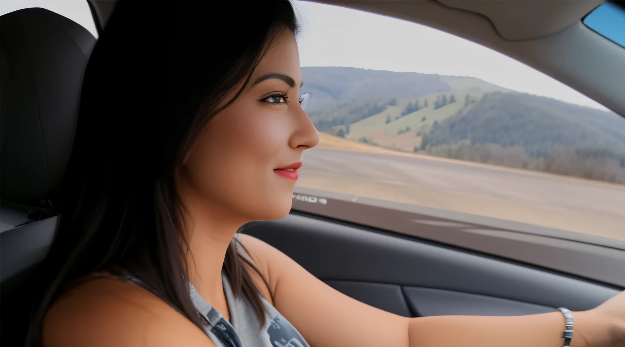 woman dirigindo a car with a view of a river and trees, dirigindo, dirigindo a car, dirigindo fast, olhando para o lado, viajando through the mountains, viajando, numa estrada, Beyond the horizon, foto distante, sentada no carro dela, desviando o olhar, documentary yet, Olhando pela janela, full panoramic photo, Olhando para a esquerda, olhando para o horizonte Mulher de pele branca e cabelos escuros. Ela tem cerca de 45 anos. Her pink lips, seus olhos castanhos escuros, grande e charmoso. Corpo fino, cintura fina. Your body exudes glamor and your face is the definition of beauty. altamente realista, lindo, pink lips, pink lipstick, sorridente, feeling of lightness and joy, pele muito elaborada. foto clara, alta qualidade, high resolution, obra de arte, 8K.