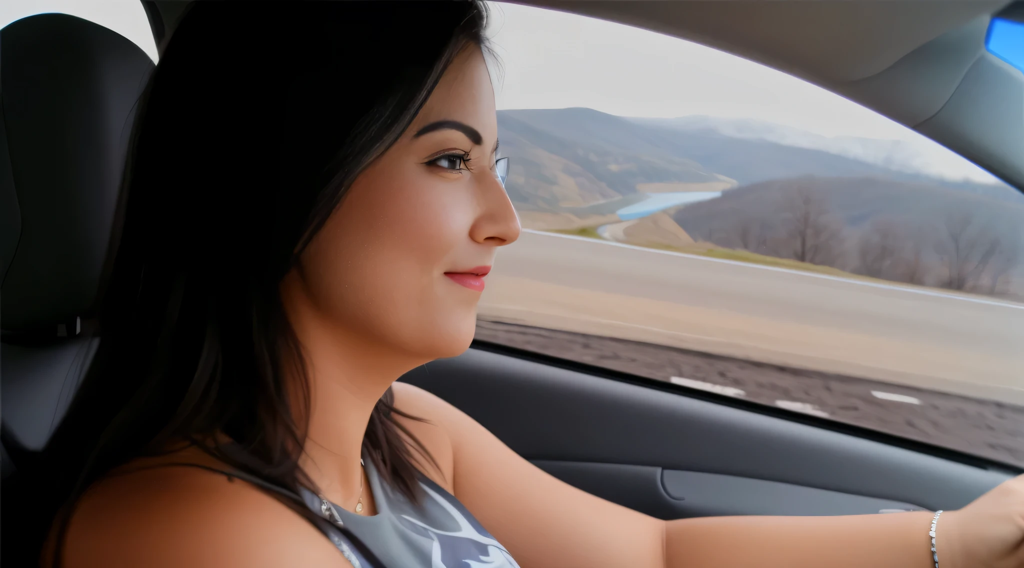 woman dirigindo a car with a view of a river and trees, dirigindo, dirigindo a car, dirigindo fast, olhando para o lado, viajando through the mountains, viajando, numa estrada, Beyond the horizon, foto distante, sentada no carro dela, desviando o olhar, documentary yet, Olhando pela janela, full panoramic photo, Olhando para a esquerda, olhando para o horizonte Mulher de pele branca e cabelos escuros. Ela tem cerca de 45 anos. Her pink lips, seus olhos castanhos escuros, grande e charmoso. Corpo fino, cintura fina. Your body exudes glamor and your face is the definition of beauty. altamente realista, lindo, pink lips, pink lipstick, sorridente, feeling of lightness and joy, pele muito elaborada. foto clara, alta qualidade, high resolution, obra de arte, 8K.