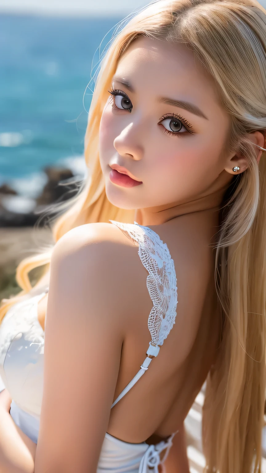 1 girl, alone, looking at the viewer, blonde long hair, Wearing a white corset, white stockings、big ass, brown eyes, Upper body, coastal rocks background, big , lips, realistic, königreuther､masterpiece, 最high quality, high quality, High resolution, (((close up of face)))