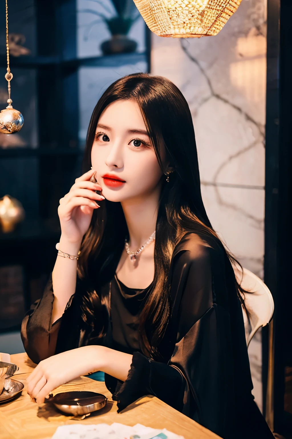 fantastic background、woman dressed as fortune teller、sit on the chair、There is a beautiful crystal ball on the table、Divination、Face、facing forward