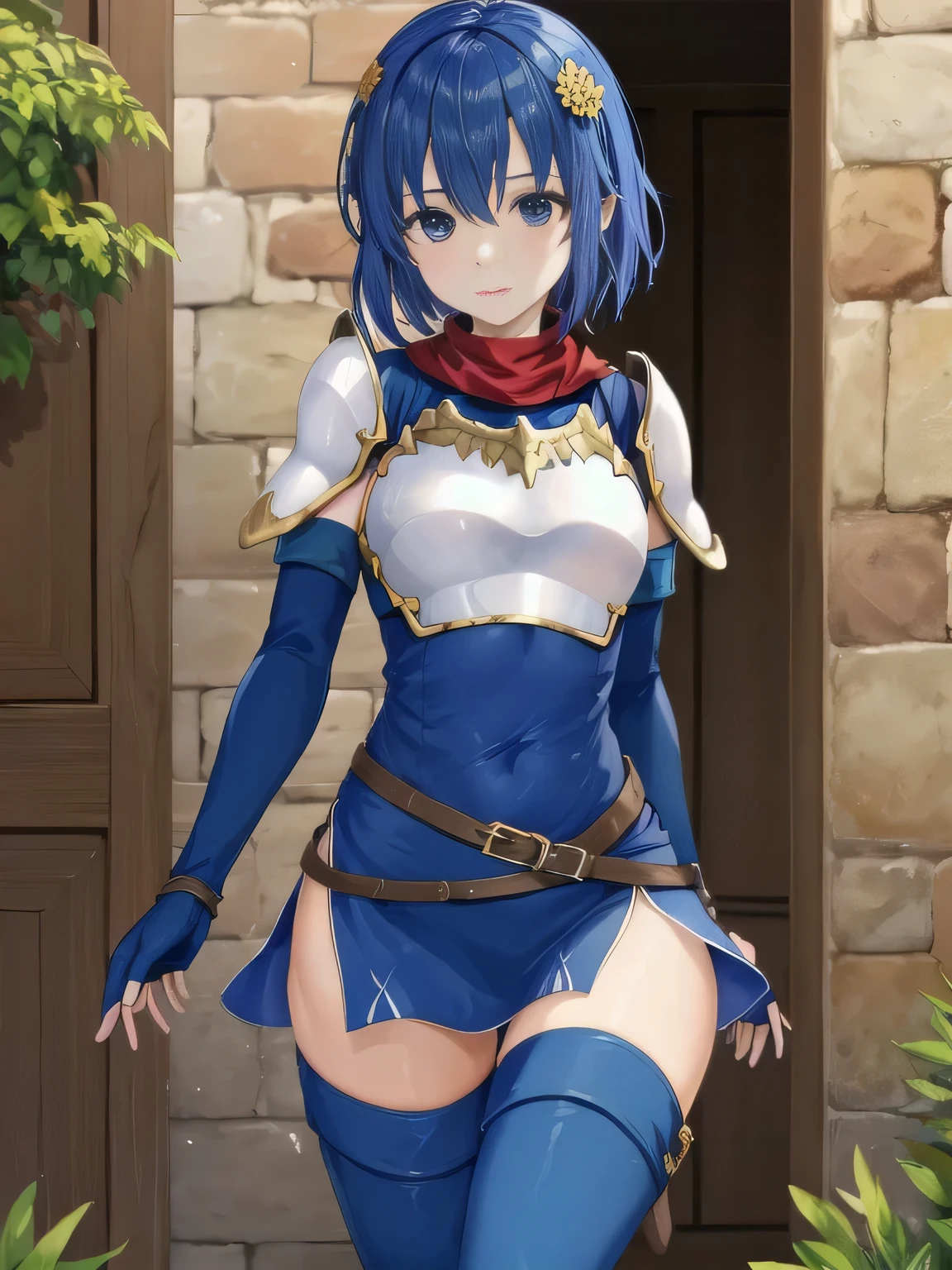 Katria_nm, cute, blue hair, short hair, blue eyes, cute, thin waist, small, Tight, medium breasts, bare shoulders, red neckerchief, blue elbow gloves, blue fingerless gloves, shoulder armor, belt, breastplate, white headband, short dress, dress slit, blue tight boots, Blue Long Boots, Pegasus knight uniform (Fire emblem), low length, middle ages, village