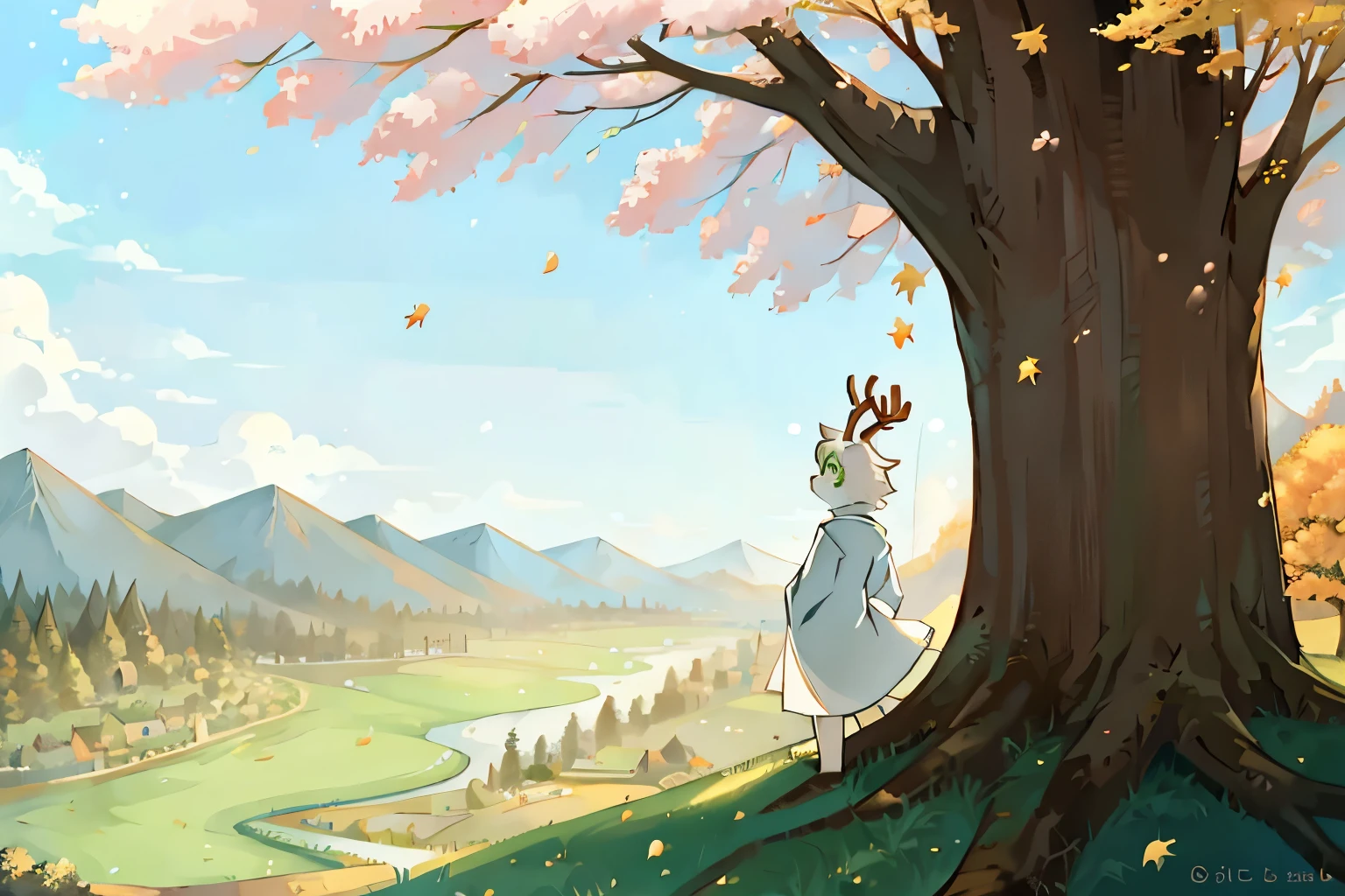 a white deer,Green pupils,antlers,Lovely shota,standing on the grassland,Idyllic village,vast sky,Giant trees,Falling leaves,hillside,white robe,flowing robe,Green décor,out a hand,green leaves,river