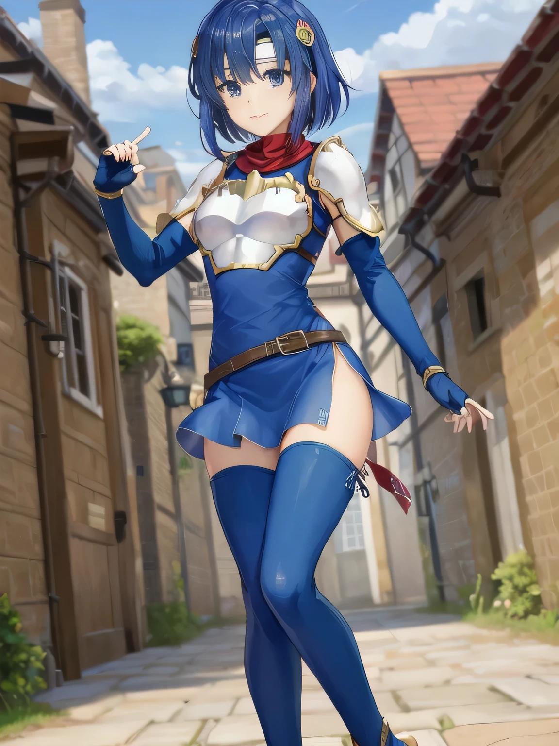 Katria_nm, cute, blue hair, short hair, blue eyes, cute, thin waist, small, Tight, medium breasts, bare shoulders, red neckerchief, blue elbow gloves, blue fingerless gloves, shoulder armor, belt, breastplate, white headband, short dress, dress slit, blue tight boots, Blue Long Boots, Pegasus knight uniform (Fire emblem), low length, middle ages, village