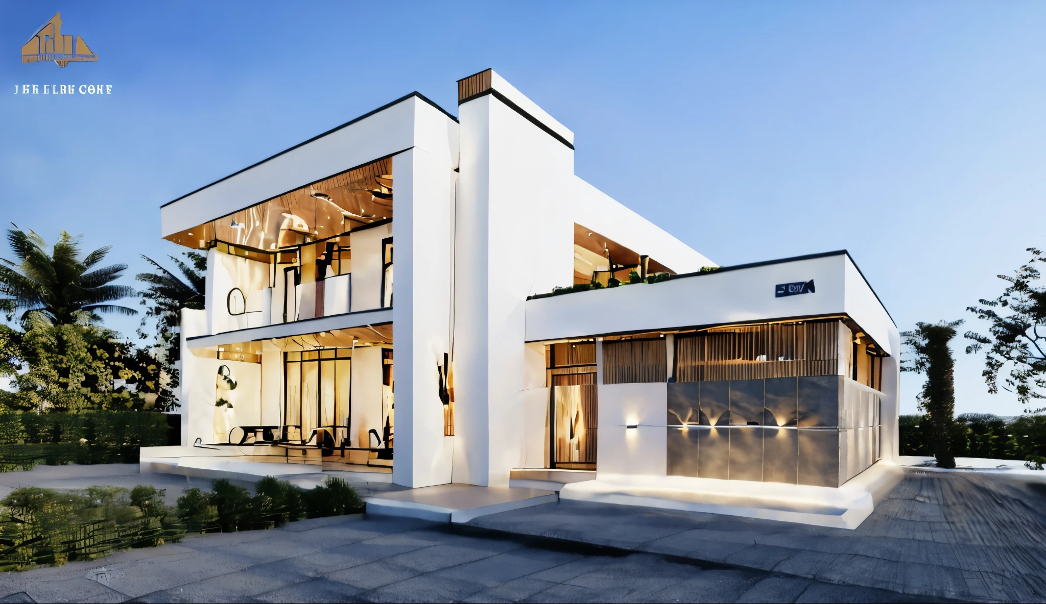 a house with a modern style , there are trees, blue sky , people travel
