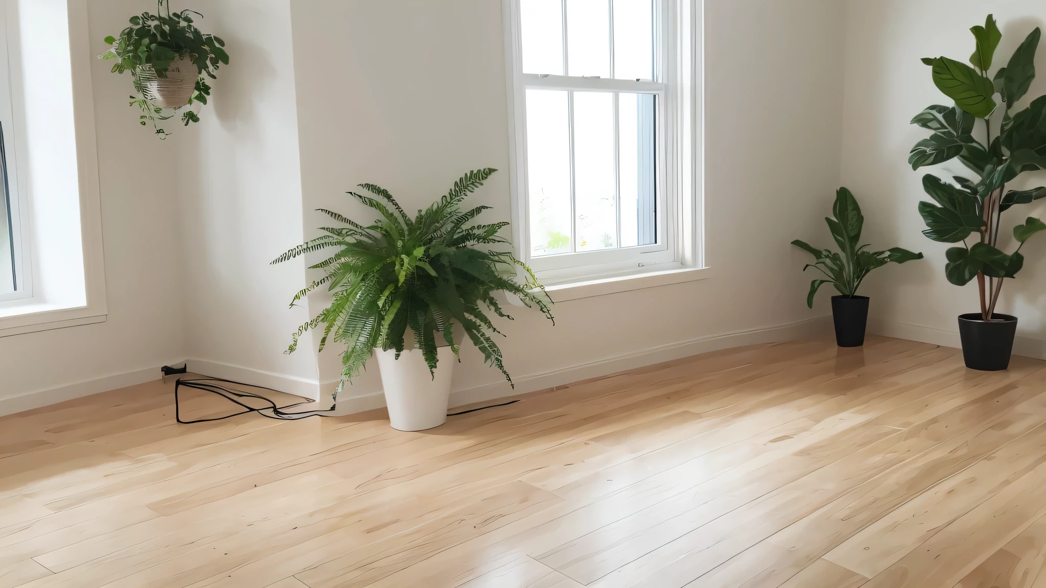 simple flooring room, bright room, simple white wall, Foliage plant,