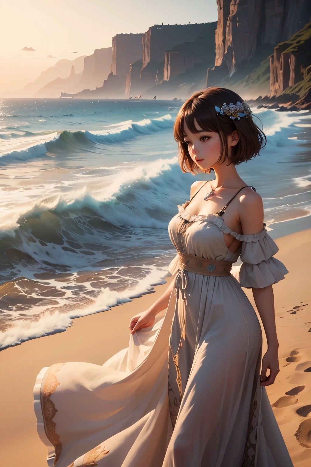 ​masterpiece、Massive landscape（（Mysterious Sea、sand beach））、a beauty girl、huge tit、Brown hair short hair、Embroidery on a long dress 、hair adornments