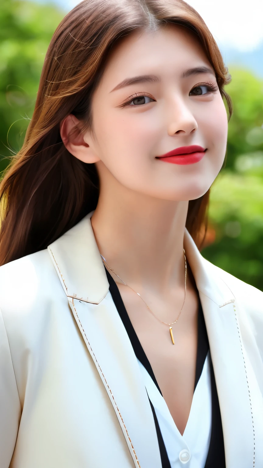 best quality, ultra-high resolution, real, photorealistic, 8K, BREAK, a Japanese girl, full body, full body, BREAK, long light brown hair, white skin, blushing cheeks, detailed red lips, drunk, smile, BREAK, black and white jacket with metals, red ribbon, a necklace, BREAK, a lamborghini in the background, natural lighting