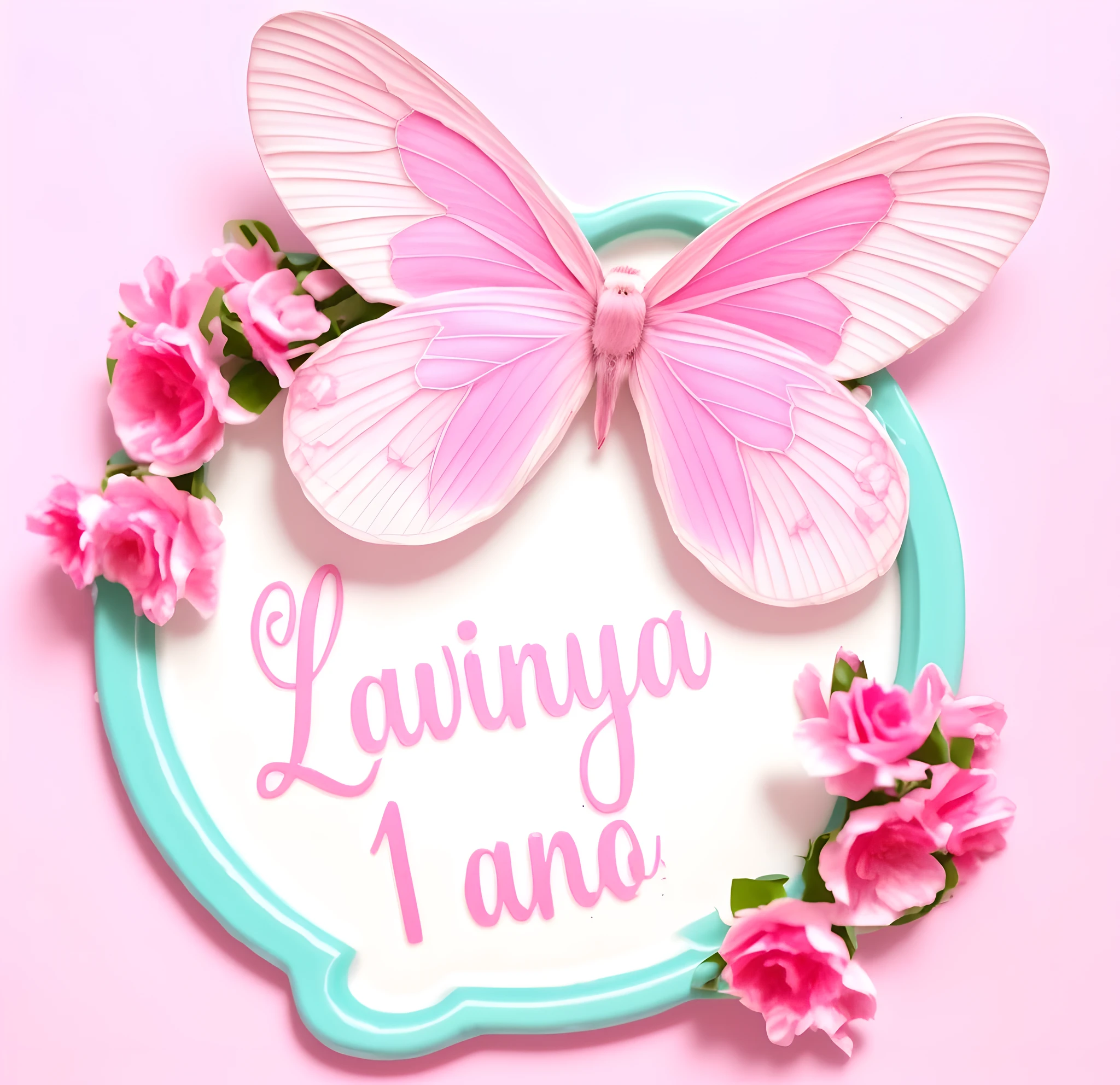 a round graphic design a pink borboleta with a pink sign, flowers on the border, cindy avelino, outro, interessado, borboleta, adesivo cortado, design de adesivo, lorena avarez, detalhe adicionado, Sim, decoration, Lina, by Gloria Muñoz, aSimausca, latina, elegante, muito definido, no person, no girl, no human, pastel colors, white background, cyan and pink