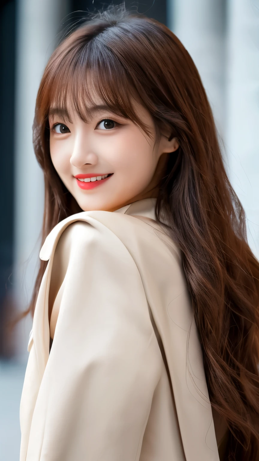 best quality, ultra-high resolution, real, photorealistic, 8K, BREAK, a Japanese girl, full body, full body, BREAK, long light brown hair, white skin, blushing cheeks, detailed red lips, drunk, smile, BREAK, black and white jacket with metals, red ribbon, a necklace, BREAK, lamborghini, natural lighting