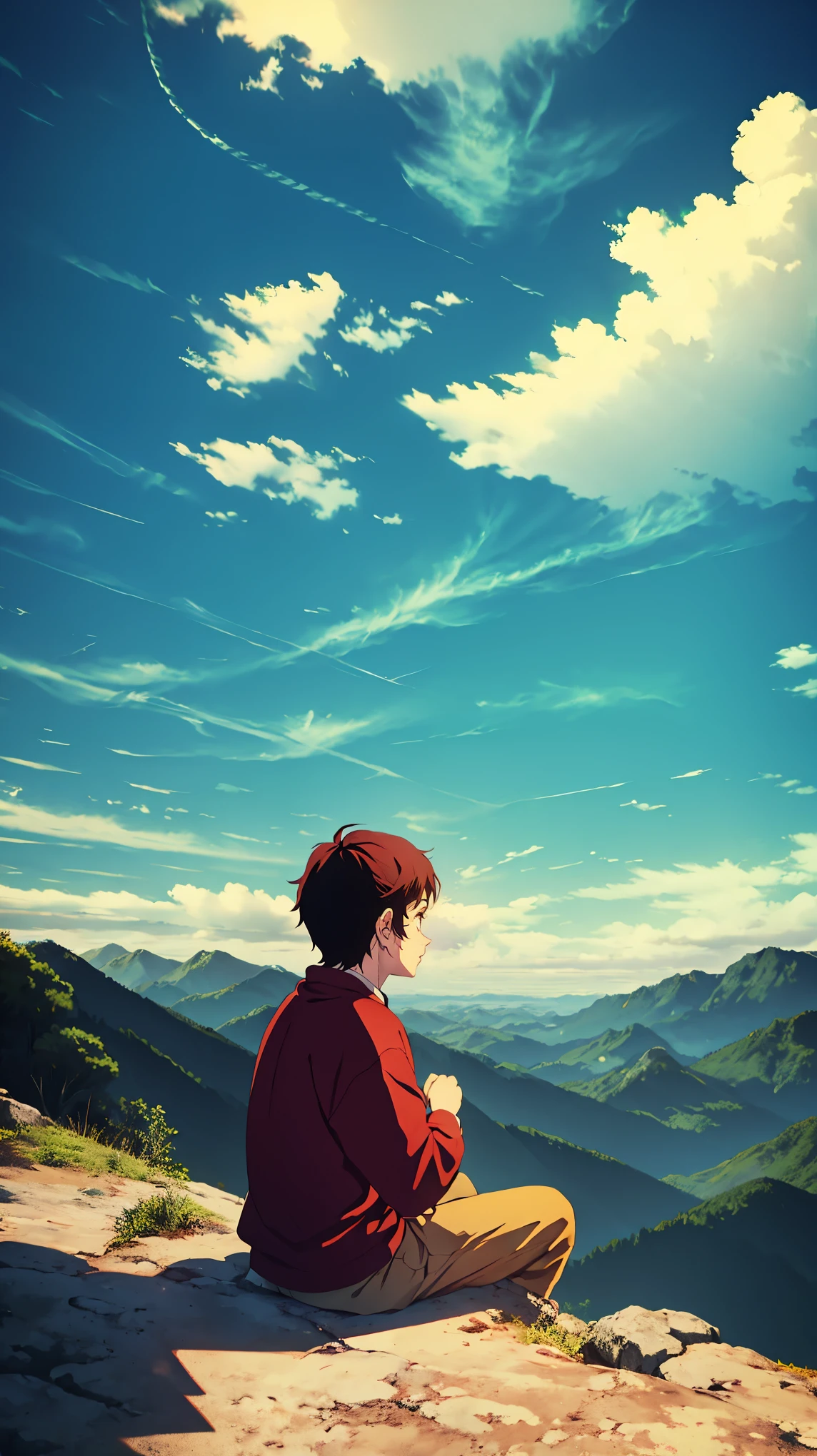 A boy sitting on a mountain looking at the clouds
