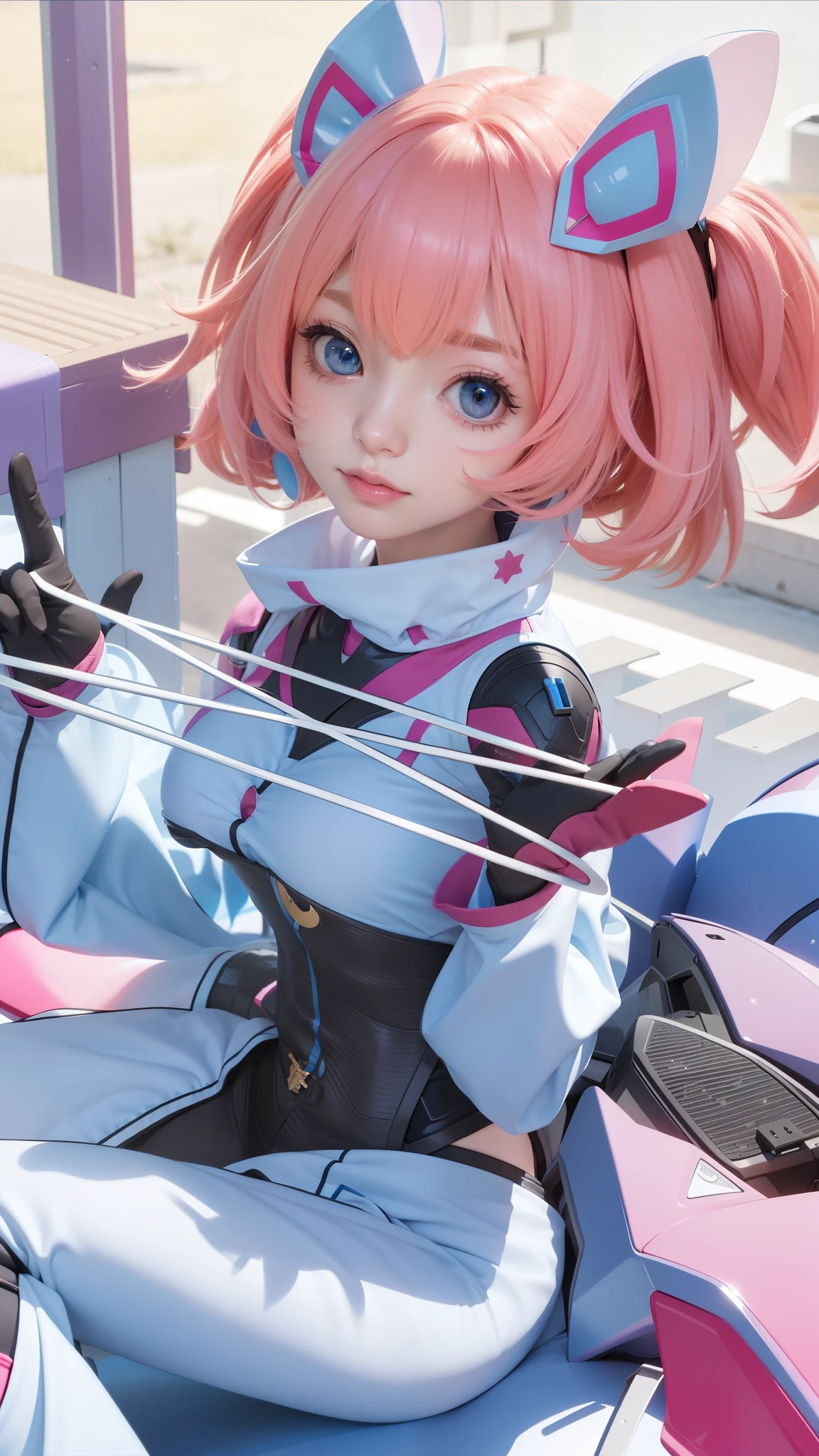 beautiful female, her face is visible, close-up portrait, shot on sony a1, 85mm F/1. 4 ISO 100, medium format, 45 megapixel, studio lighting, softbox, high shutter speed flash photography, award-winning photograph with golden ratio composition, anime girl with pink hair and blue eyes sitting on a motorcycle, best anime 4k konachan wallpaper, female protagonist 👀 :8, detailed key anime art, macross delta splash art, pink twintail hair and cyan eyes, with index finger, anime style 4 k, nanogirlv 2, shining pink armor, female protagonist, anime cover.