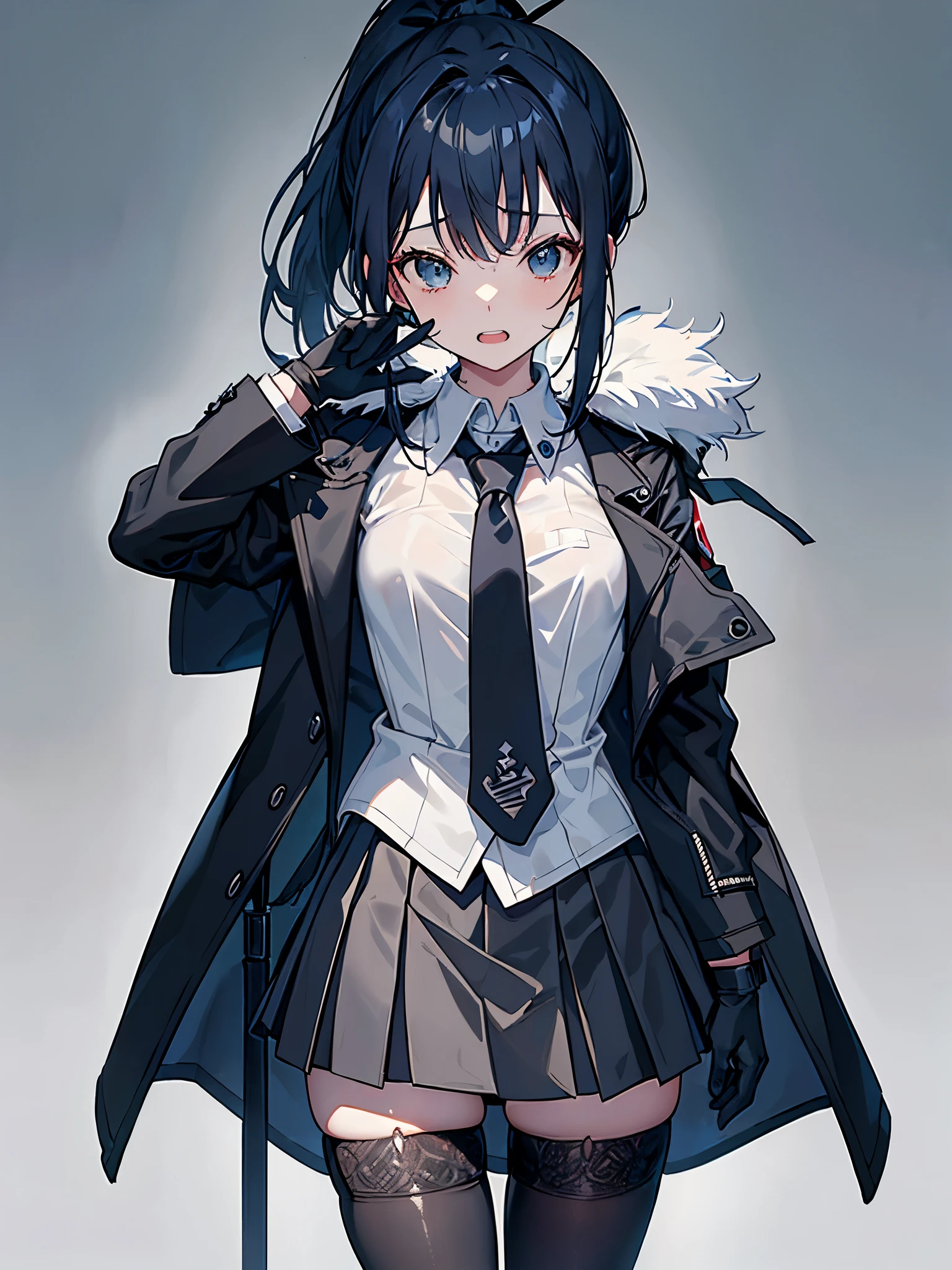 masterpiece:1.3、 8K、anime、ultra high resolution:1.3、1 female、solo:1.3、alone、(girls front line style:1.3、high ponytail、 dark blue hair、first round、suit、tie、coat:1.3、Jacket_Haori、skirt、tights:1.3、see through stockings:1.3、wetている_gloves:1.3、don&#39;t show your teeth:1.3、)、Stuffy、wet、erotic、sexy、(gray background:1.3)