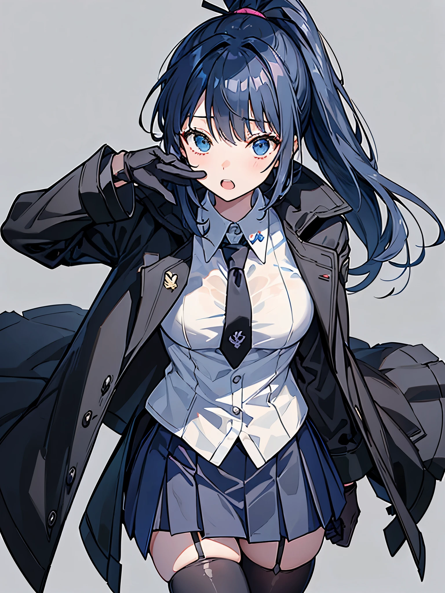 masterpiece:1.3、 8K、anime、ultra high resolution:1.3、1 female、solo:1.3、alone、(girls front line style:1.3、high ponytail、 dark blue hair、first round、suit、tie、coat:1.3、Jacket_Haori、skirt、tights:1.3、see through stockings:1.3、wetている_gloves:1.3、don&#39;t show your teeth:1.3、)、Stuffy、wet、erotic、sexy、(gray background:1.3)