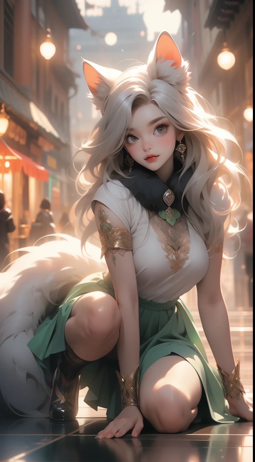 Werewolf girl, ((Fluffy skin)), paw放在脚上, fluffy fur on Body, ((fangs)), ((paw)), Tight crop top, split, split, Huge metal bracelet, Huge metal collar, High-leg over-the-knee boots, Light green pole_detailed_(lacy, fur, silk, satin)_(clothing, skirt), detailed face, detailed beautiful shiny eyes, slit pupil, metal reflection, future city square, (tattooed, tagged)_fit_muscular_Body, (((1 girl))), portrait, (full Body), natural breasts, medium length hair, masterpiece, best quality, Beautiful and beautiful:1.2, Fractal art:1.4, 16k, high dynamic range, RTX, Ray tracing, Radiosity, Anisotropic filtering, subsurface scattering