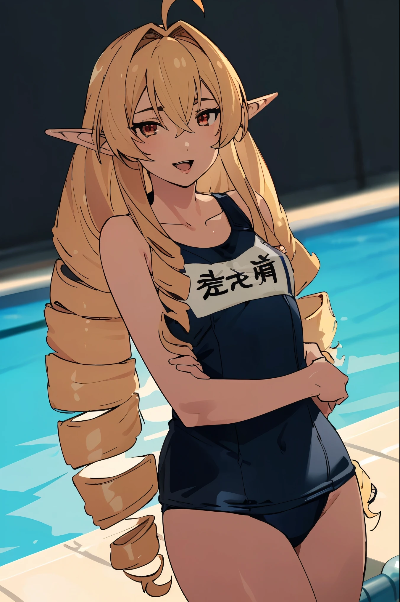  ,super detailed skin,smile,open mouth,day,sunshine ,direct light，sunlight,lighting forward,lighting front,spot light,(((school swimsuit,school pool ,in the water,swimming ))),looking at viewers
best quality, High resolution,(Illustration:0.8), ((Beautiful detailed eyes:1.6)), extra detailed face, extremely details CG, (Perfect hands, Perfect Anatomy),masterpiece,perfect anatomy,anime keyvisual, geme cg,(((blonde hair, very long hair,pointy ears,twin drills,red eyes,ahoge,elf,drill hair,hair between eyes,bangs,hair intakes,hair behind ear))),cowboy shot,slim thighs ,