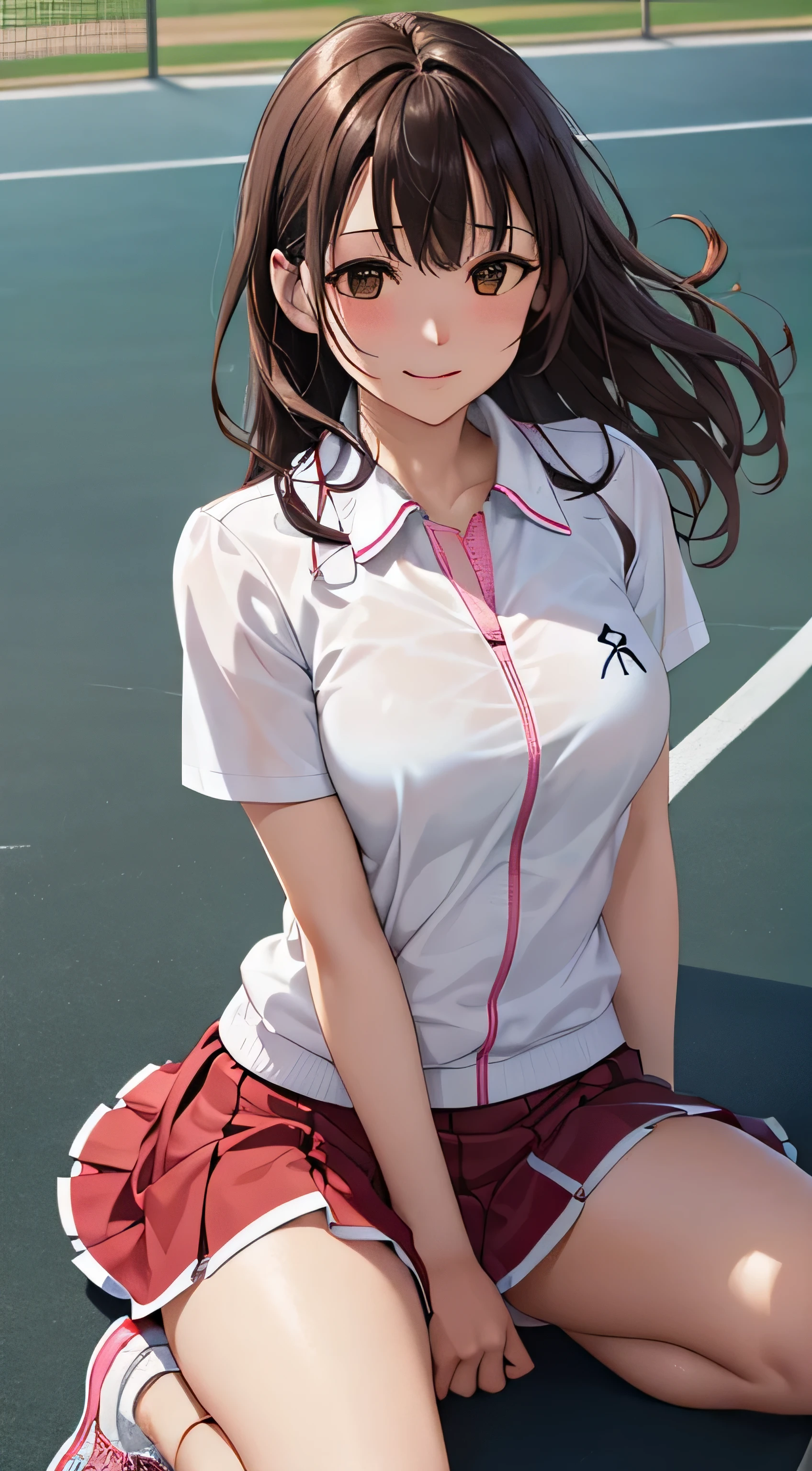 ((table top, highest quality, High resolution, perfect pixel, 4k,)), 1 girl, single, alone, Beautiful woman、I could see the whole body、 ((short wavy hair, bangs, brown hair)), ((brown eyes, beautiful eyelashes, realistic eyes)), ((detailed face, blush:1.2)), ((smooth texture:0.75, realistic texture:0.65, realistic:1.1, Anime CG style)), medium breasts, dynamic angle, perfect body, ((white tennis wear、White short-sleeved shirt with collar、pink ruffle skirt、white tennis shoes、The wind flips my skirt、floral lace panties、No bra))、Tennis court、、Very embarrassing panic smile、、、、my chest is wet、