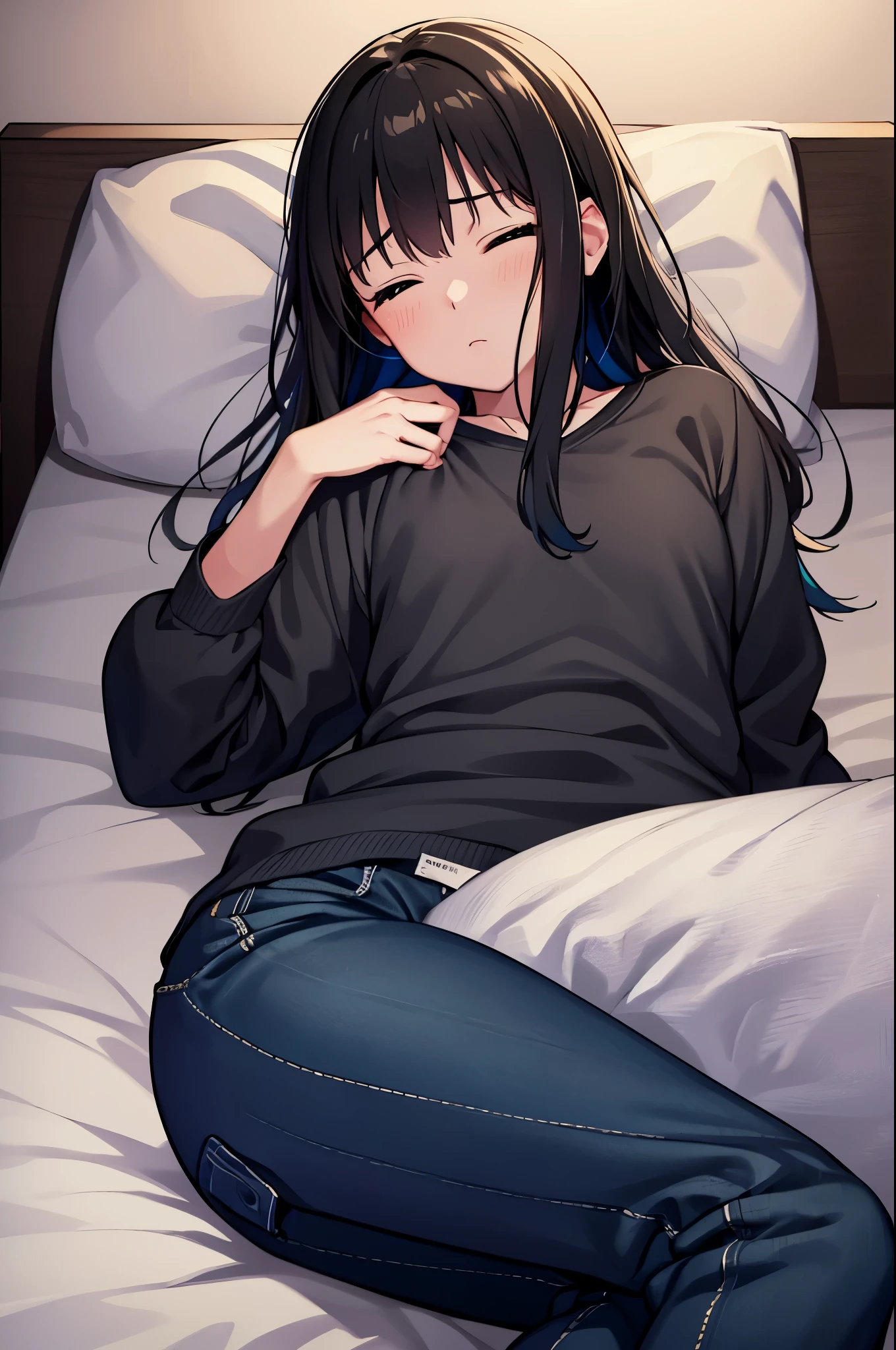 Rin Shibuya, lying on a bed, sleeping face, sound asleep, long black hair, casual attire, blue jersey, long pants, (best quality, 4k, 8k, highres, masterpiece:1.2), professional, ultra-detailed, realistic, at home, detailed bedroom, (vivid colors, color grading:1.1), (warm lighting, soft lighting:0.9), depth of field.