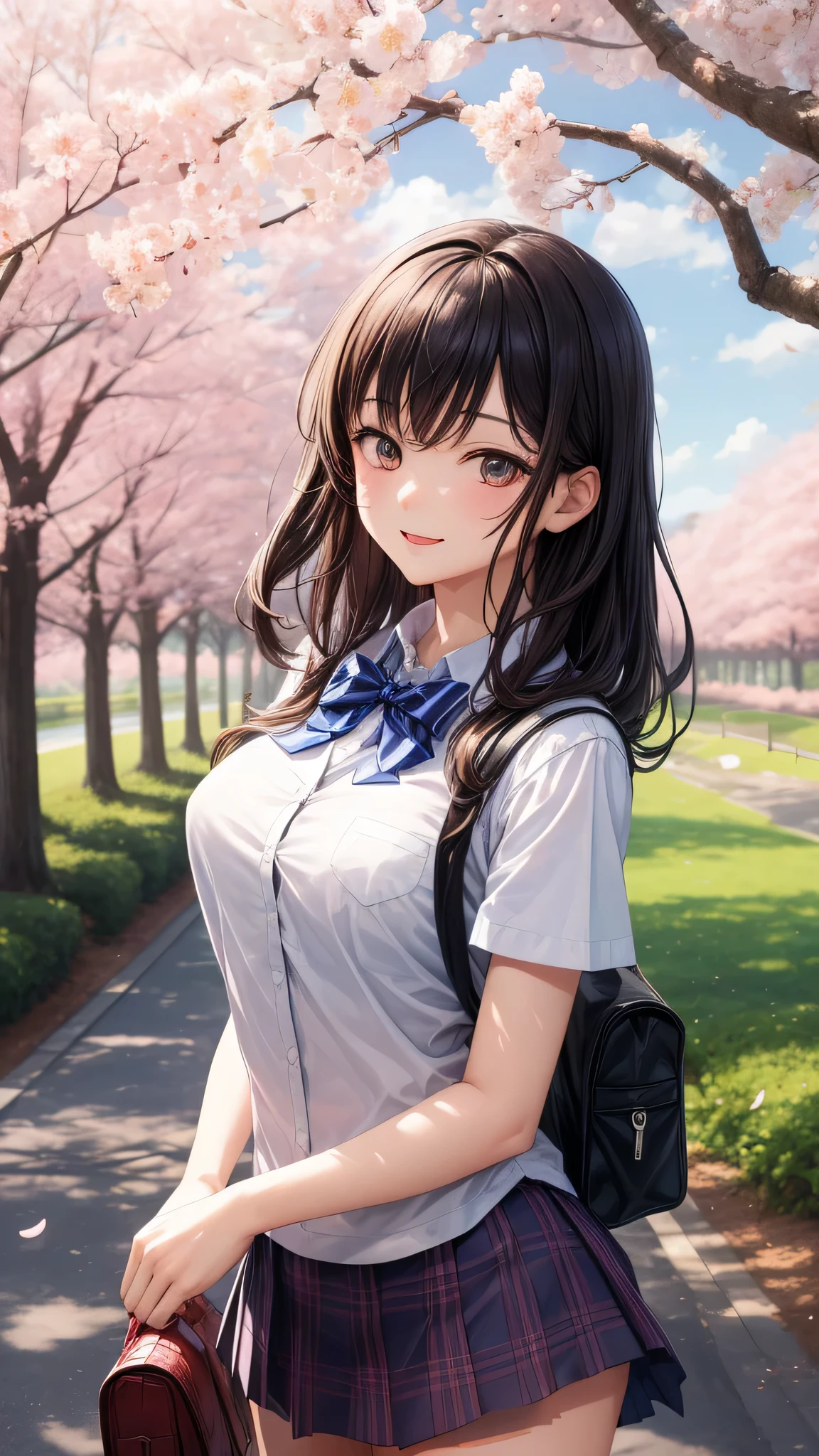 (2 girls:1.2), cute face, cute smile, (school uniform, mini skirt:1.2), (highest quality: 1.4), (Super detailed), (highest quality:1.4), (super detailed), (cherry blossomsのトンネル in full bloom, cherry blossomsのトンネル), road, Day光, cherry blossoms, cherry blossoms,  Sunny, cloud, Day,  blue sky, (anime illustration), very high resolution, (Upper body)