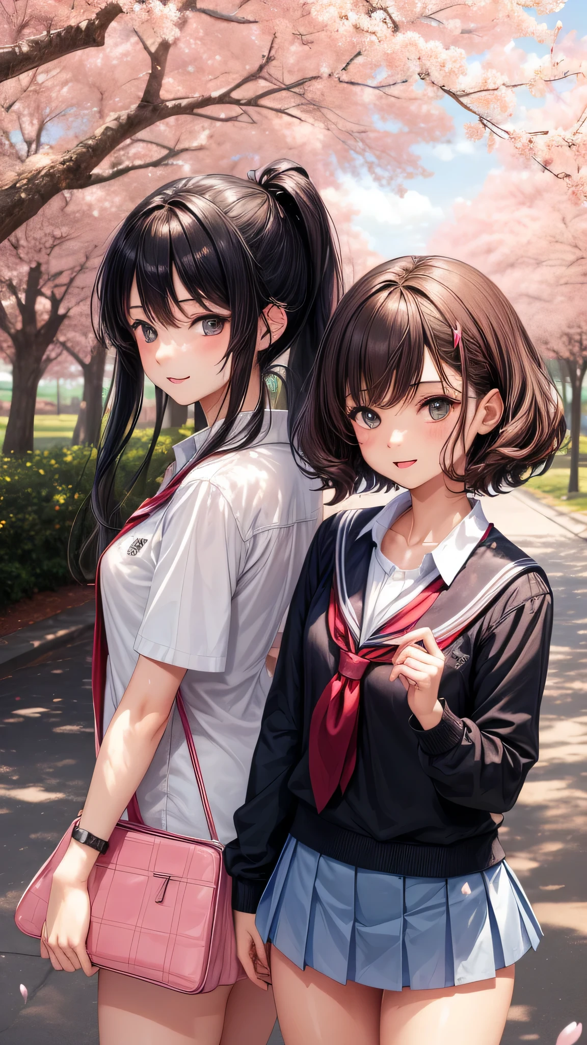 (2 girls:1.2), cute face, cute smile, (school uniform, mini skirt:1.2), (highest quality: 1.4), (Super detailed), (highest quality:1.4), (super detailed), (cherry blossomsのトンネル in full bloom, cherry blossomsのトンネル), road, Day光, cherry blossoms, cherry blossoms,  Sunny, cloud, Day,  blue sky, (anime illustration), very high resolution, (Upper body)
