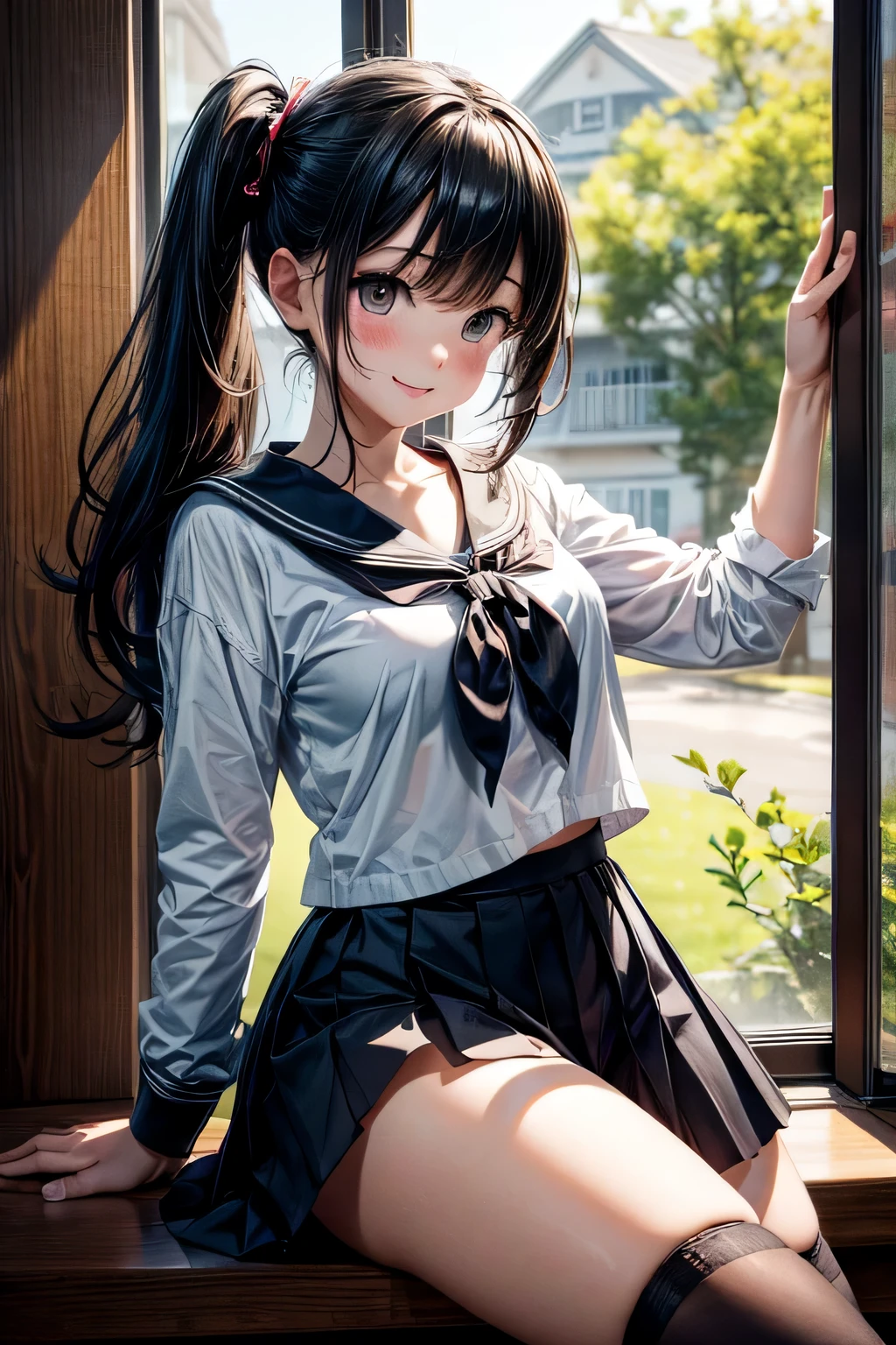 Very cute and beautiful girl,(very detailed beautiful face and eyes:1.2),
Smile,Sailor School Uniform,(Mini skirt),(Cowboy Shot),(From below),Black hair,Dynamic Pose,Beautiful legs,
Wooden Classroom,window,Distant trees々Yamori,
(Best Quality,masutepiece:1.2),Intricate details,hight resolution,1 girl,Solo,Cinematic lighting,