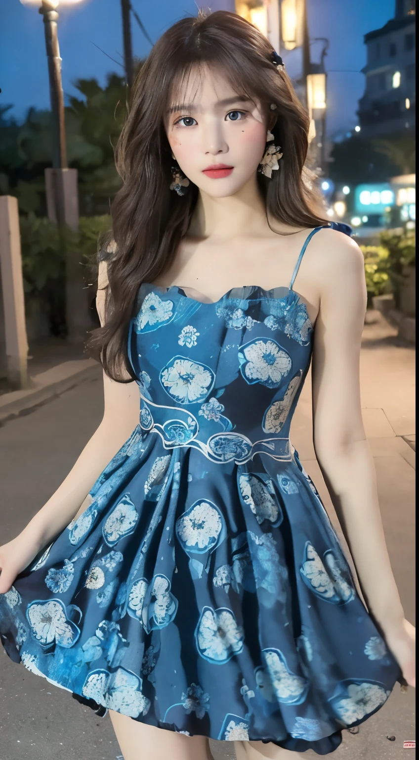 ((best quality, 8k, masterpiece: 1.3)), focus: 1.2, perfect body beautiful: 1.4, buttocks: 1.2, (Layered hairstyle: 1.2)), (dark street: 1.3), Highly detailed facial and skin textures, beautiful eyes, double eyelids, skin whitening, long hair, (round face: 1.5), (Blue floral dress: 1.6) outdoor, Lovers Island Resort, beach