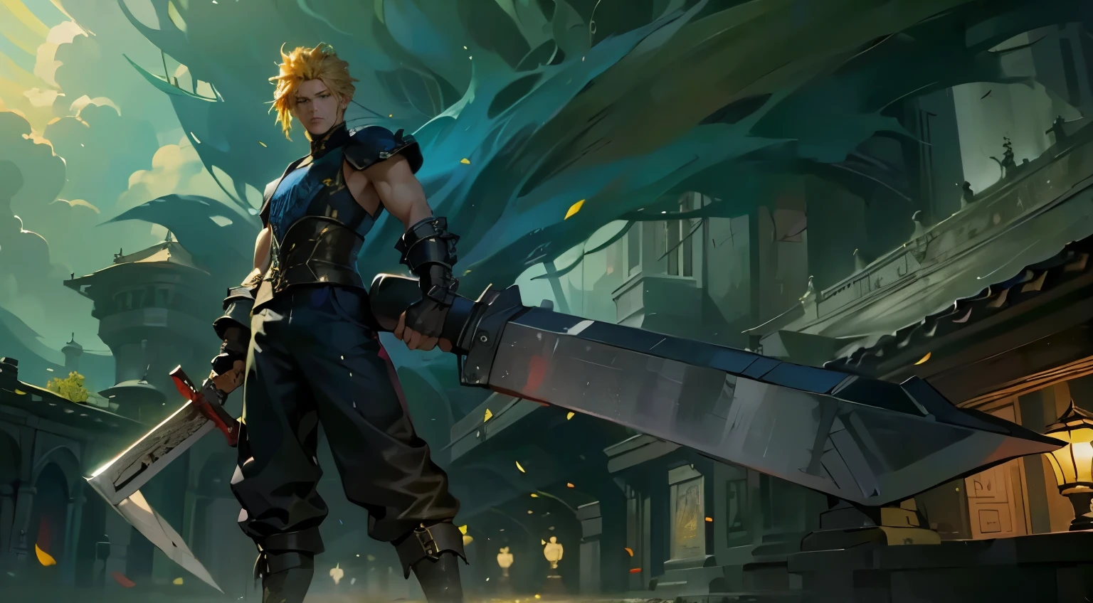 there is a man with yellow hair and a cross on his chest, muscular!!, muscular character, anime handsome man, in billy herrington body, naoki ikushima, muscular!, muscular male, muscular male hero, beefcake pose, muscular!!!, muscular! fantasy, mid-shot of a hunky, genzoman, fairly muscular