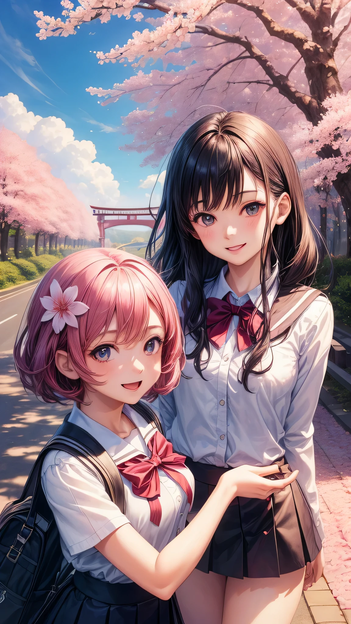(2 girls:1.2), cute face, cute smile, (school uniform, mini skirt:1.2), (highest quality: 1.4), (Super detailed), (highest quality:1.4), (super detailed), (cherry blossomsのトンネル in full bloom, cherry blossomsのトンネル), road, Day光, cherry blossoms, cherry blossoms, Sunny, cloud, Day, blue sky, (anime illustration), very high resolution, (Upper body)