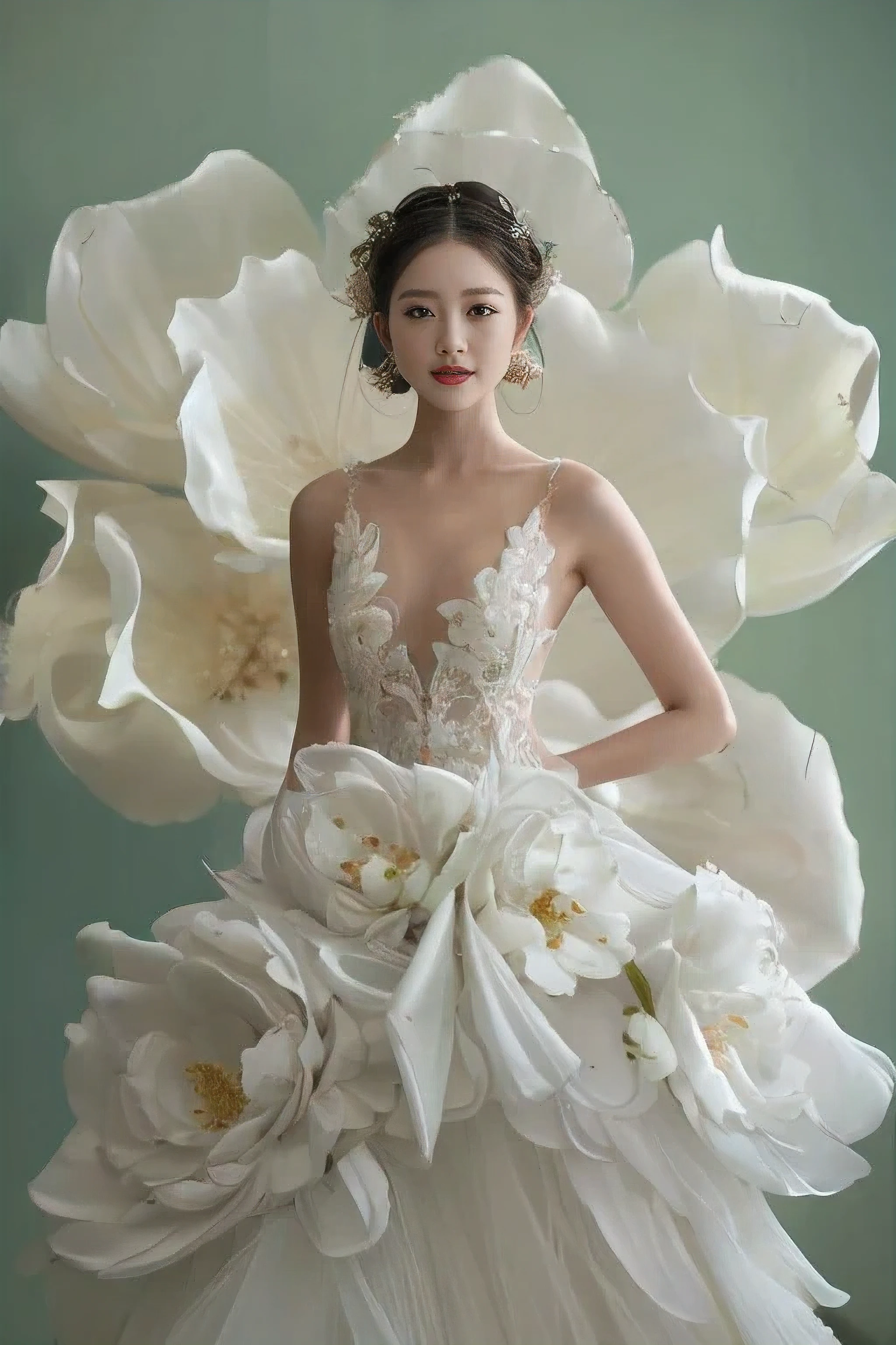 arafed woman in a white dress with large flowers, intricate gown, dressed beautiful gown, wedding dress, an intricate dress, inspired by Liu Haisu, inspired by Wen Jia, vera wang couture, sha xi, heonhwa choe, soft and intricate, wenfei ye, wearing organza gown, kim hyun joo, jaw-dropping beauty, flowing gown