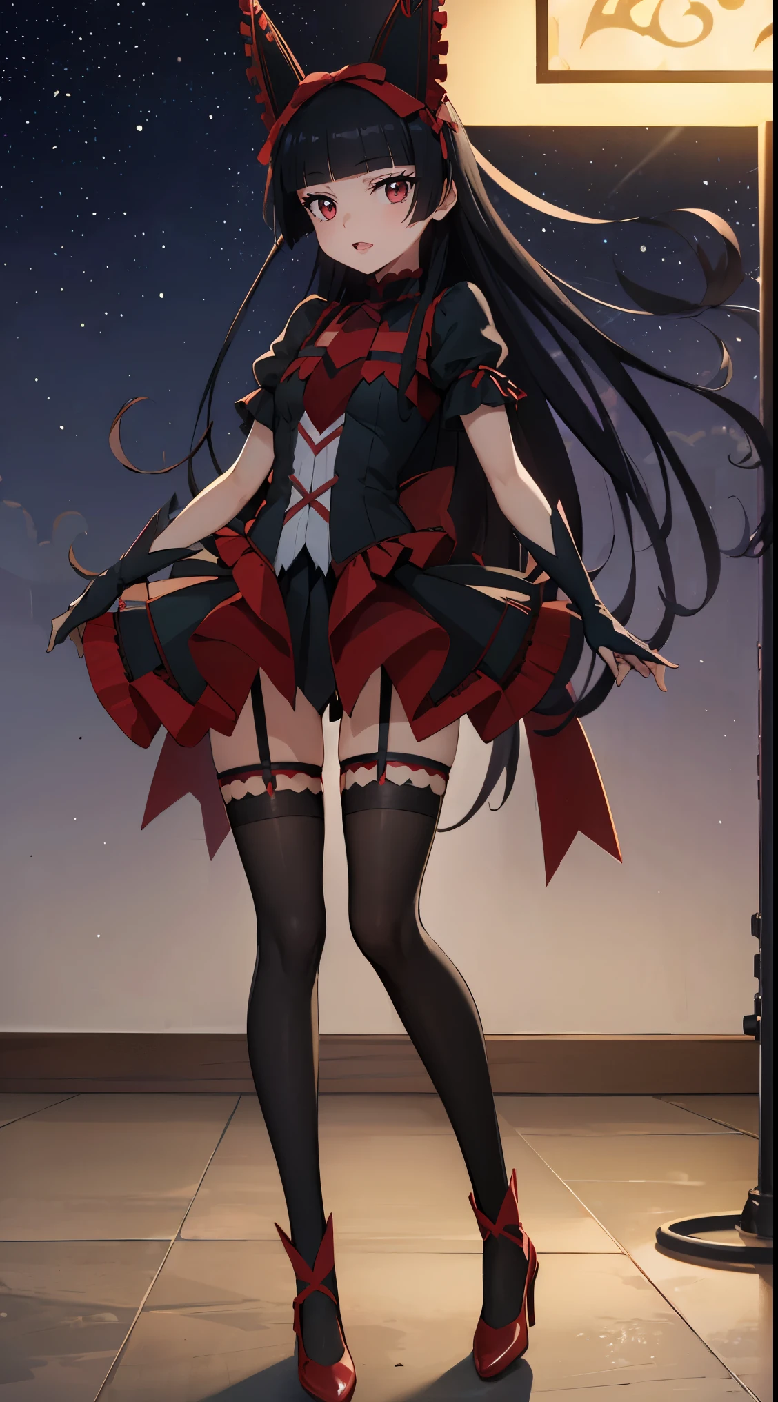 Rory Mercury, Rory Mercury, black hair, dull bangs, princess cut, hair ornaments, red lipstick, long hair, cute face, compensate, (:1.2), (red eyes:1.5), break Gothic underwear, perfect body (small breasts:1.3) horny,  break in full growth, red shoes, break Black Stockings, Black Gloves break, 黒いthighs, garter strap, gloves, gothic, hair ribbon, gothicファッション, puffy short sleeve, plump sleeves, short sleeve, thighs, thighs,  break of the starry night sky, City of night, break looks at the viewer, break (masterpiece:1.2), highest quality, High resolution, unity 8k wallpaper, (illustration:0.8), (beautiful detailed eyes:1.6), highly detailed face, perfect lighting, Highly detailed CGI, (perfect arms, perfect anatomy),