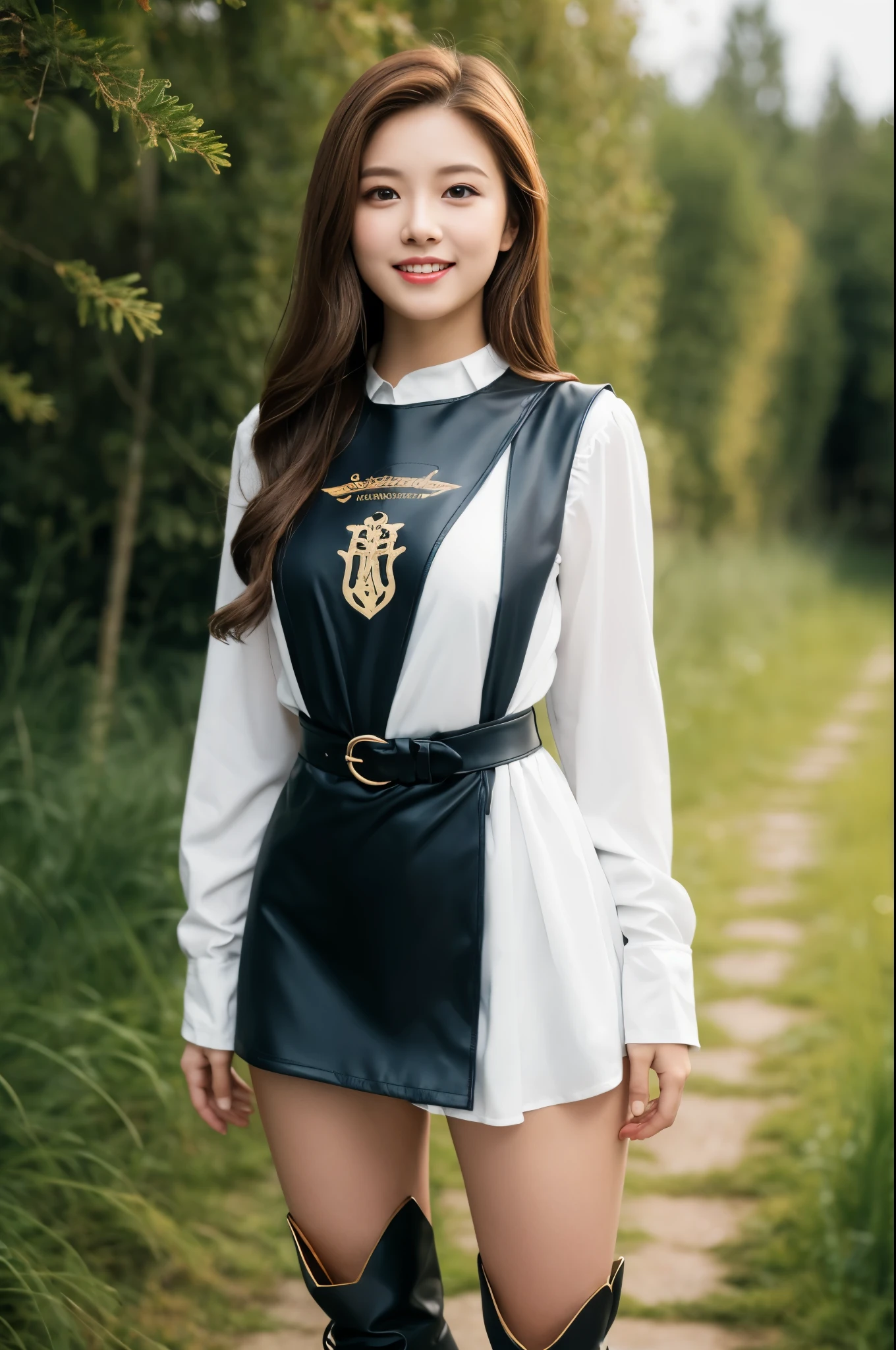 (((middle ages tabard))),(((Emblem))), (((standing))),(((hunting boots))),(((bare inner thigh))), ulzzang-6500-v1.1, (Raw photo:1.2), (Photo realistic:1.4), a beautiful detailed girl, extremely detailed eye and face, beautiful detailed eyes, ultra-detailed, High resolution, top-quality, masterpiece, highly detailed, 8k wallpaper, Wonderful, finely detail, top-quality, Light on the face, movie lighting, 1girl in, (Festung Hohensalzburg), Beautiful eyes, smile, Opening Mouth