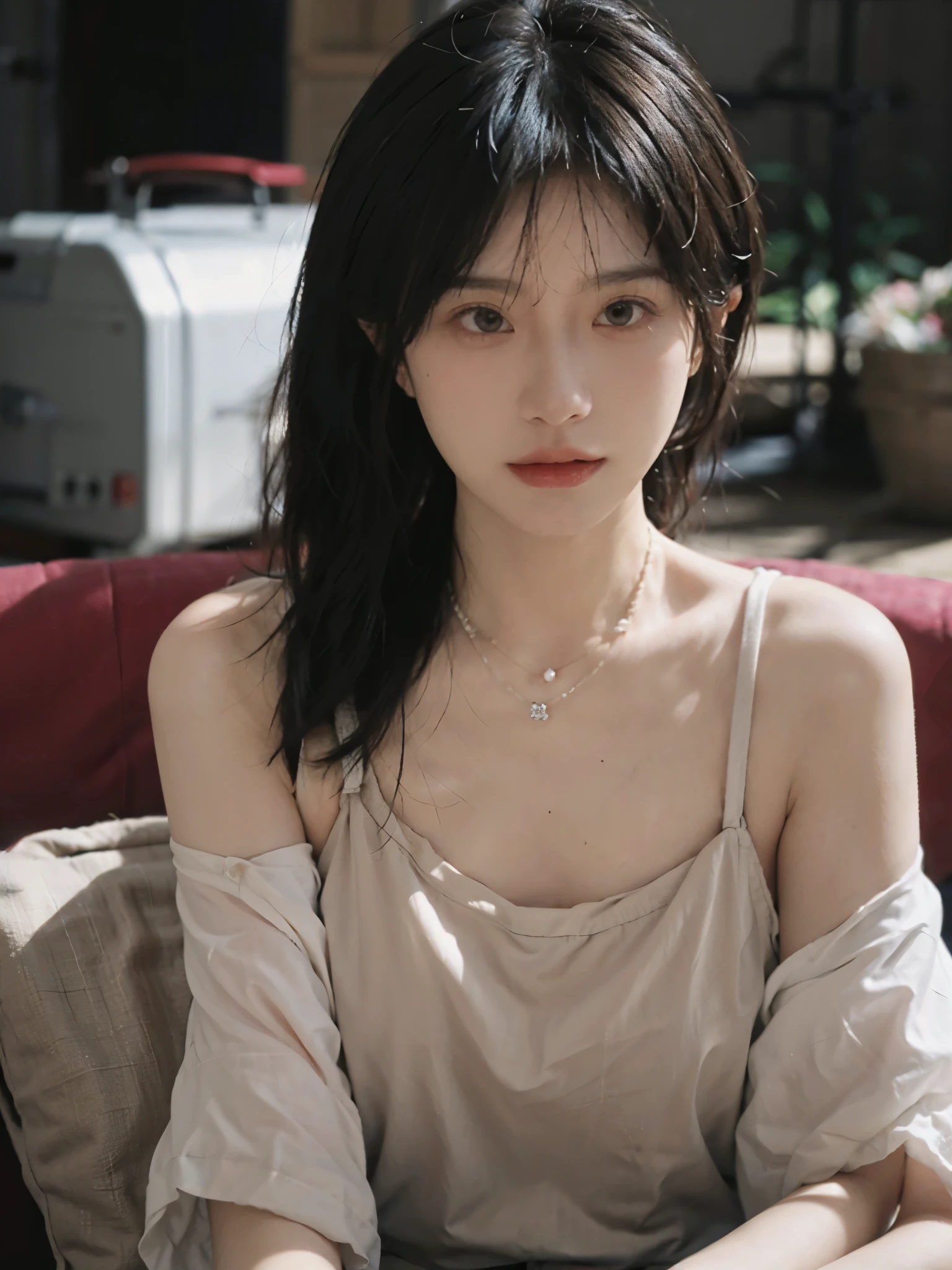 best qualtiy, 超高分辨率, (realisticlying:1.4), one-girl, A pair of clear and moving peach blossom eyes,Royal Sister,Off-shoulder white shirt, Black tight skirt, (Faded gray-gray hair:1), (big cleavage breasts:1.2), looking at viewert, closeup cleavage ,