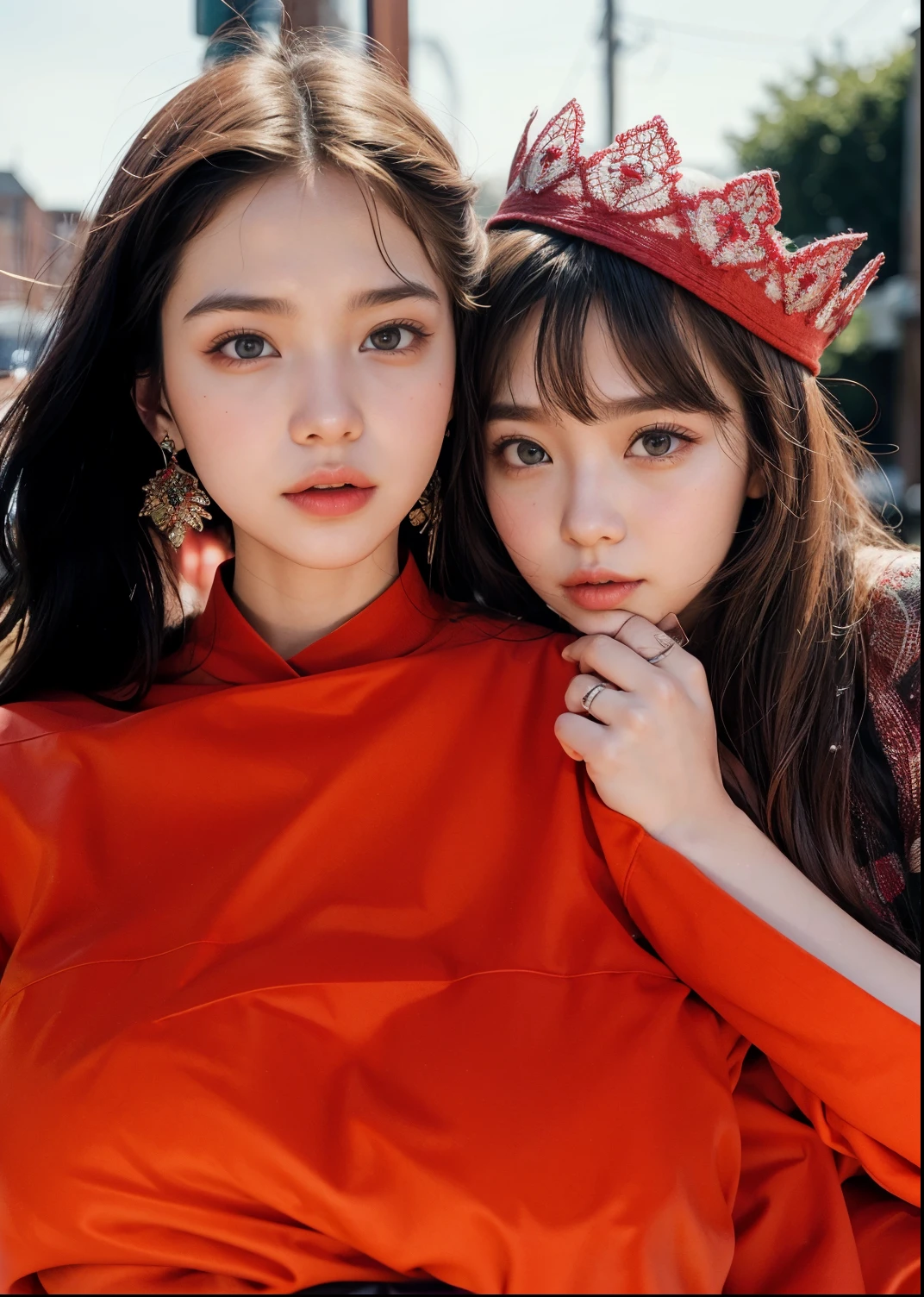 two young women wearing red are posing for a picture, red velvet, wearing red clothes, wearing red attire, twice, profile pic, nixeu and sakimichan, lalisa manobal, sakimichan, official artwork, both have red lips, red clothes, perfume, ulzzang, wearing red, official, iu, 🚿🗝📝