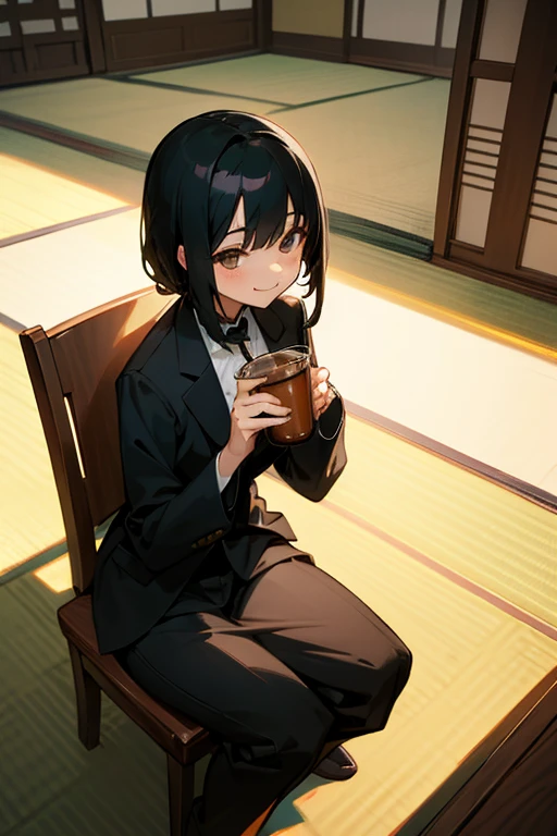 woman、black hair、short、black suit、sitting cross-legged on a chair、smile、summer、tatami room、Drinking iced coffee