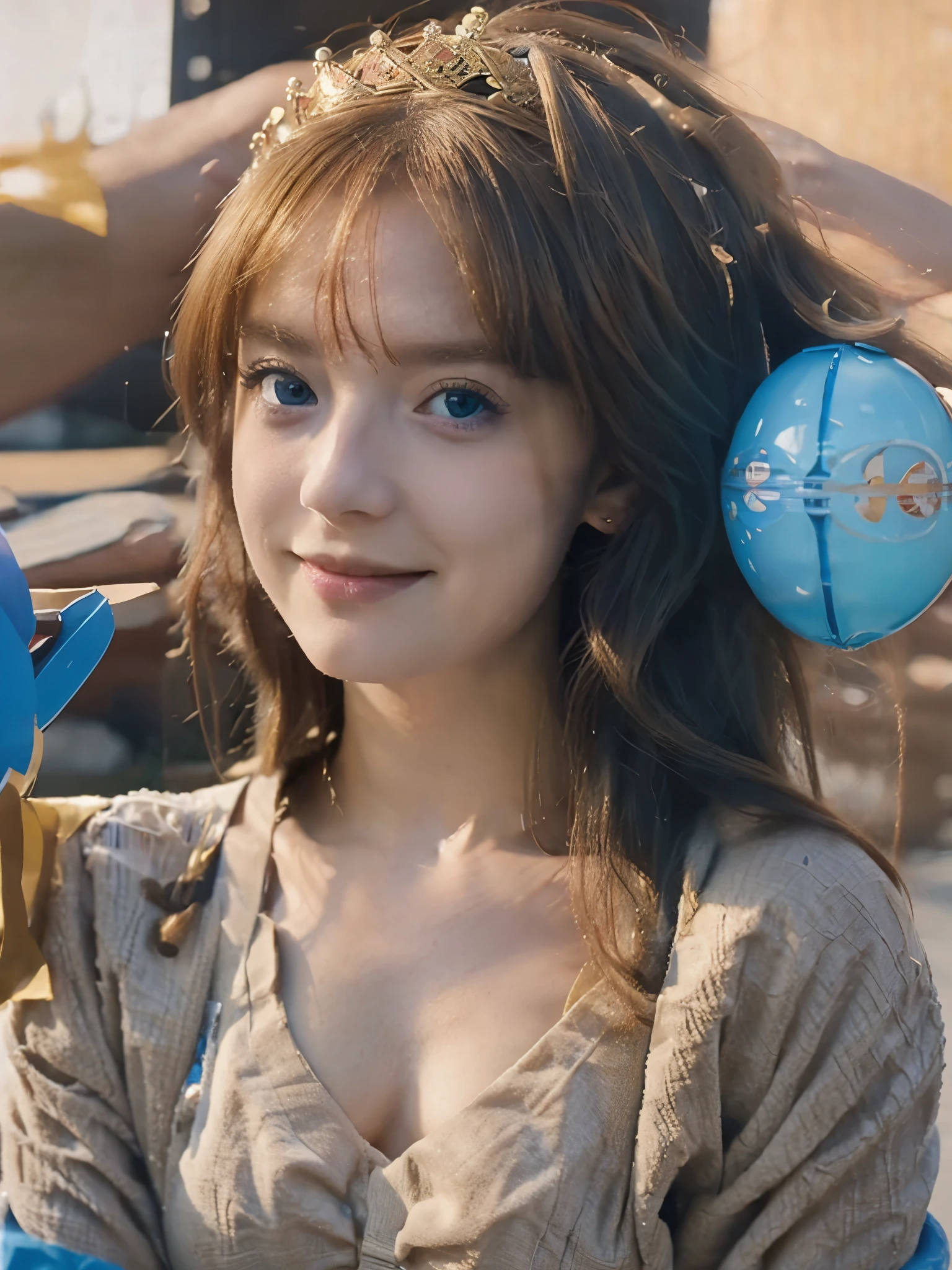 Princess of goodness with blue eyes, golden hair, crown, Ball gown timid smile, anime style, lens flare, High detail, first-person view, cinematic lighting, Masterpiece, Super detail, Best quality, 8K, UHD