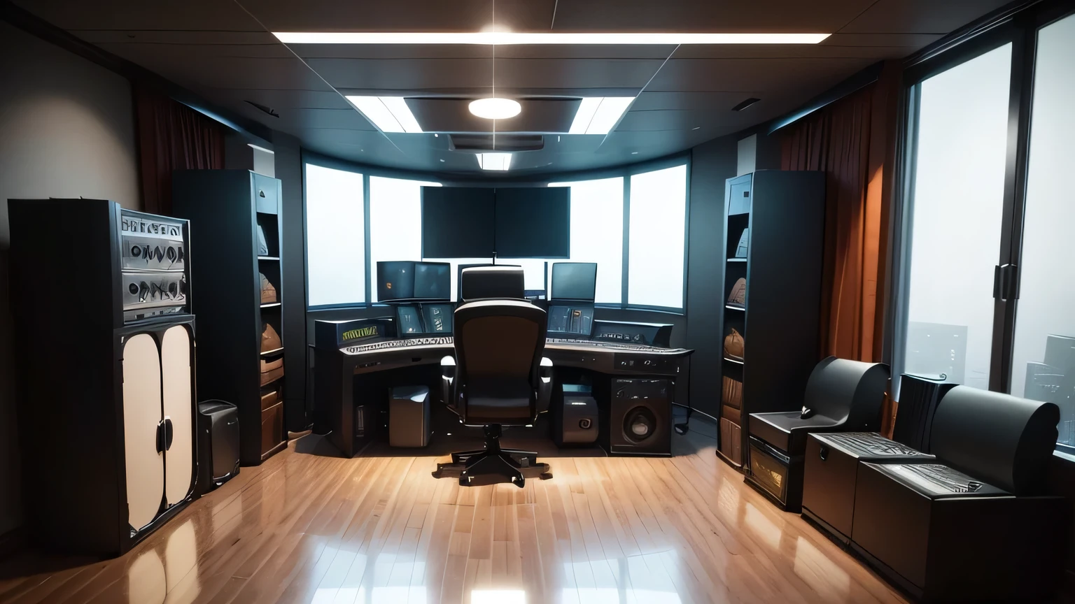 Image of the music production environment created by innovative designers, Includes technical room and capture room separated by glass., With acoustic drum and waiting room