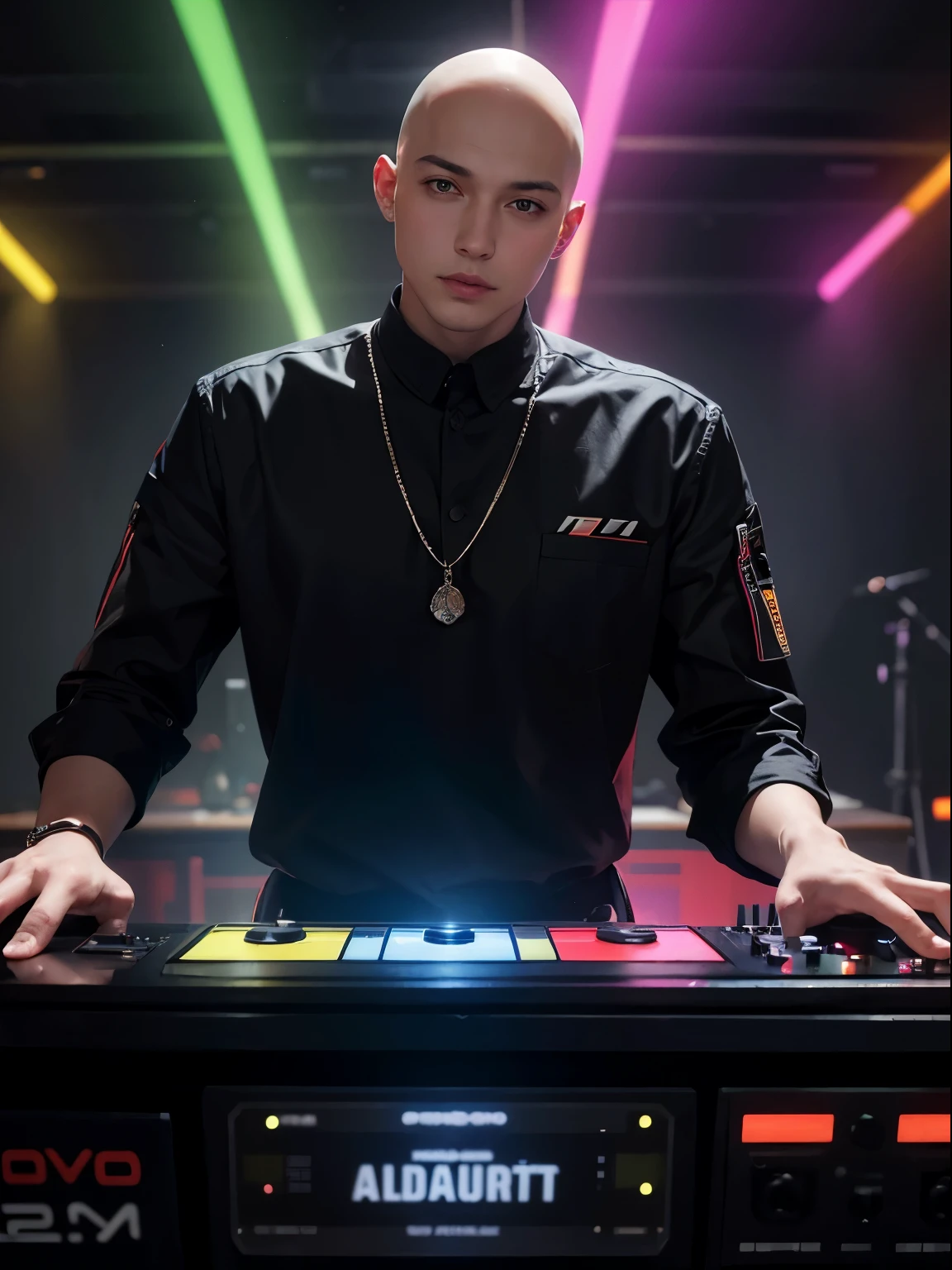 A BEAUTIFUL young man with a bald head. He stands behind the DJ console.adjusts it. There is a lot of multicolored light. lots of details,hyperdetalization,stylization,16k,poster