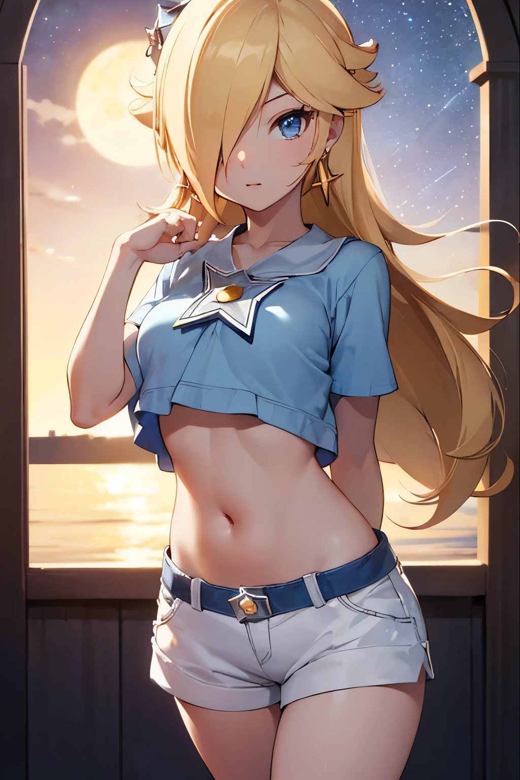 Rosalina, Rosalina, Blonde hair, blue eyes, hair over one eye, small breasts, long hair, micro shorts, white shorts, lower part of the breasts showing, blouse lifted showing part of the breasts, belly showing, crown, earrings, jewelry, princess , star earrings, BREAK night, night sky, sky, star\ (sky\), star \(symbol\), space, sun, BREAK looking at the viewer, (cowboy photo: 1.5), BREAK (art: 1.2 ), best quality, high resolution, 8k unity wallpaper, (artwork: 0.8), (beautiful detailed eyes: 1.6), extremely detailed face, perfect lighting, extremely detailed CG, (perfect hands, anatomy perfect),