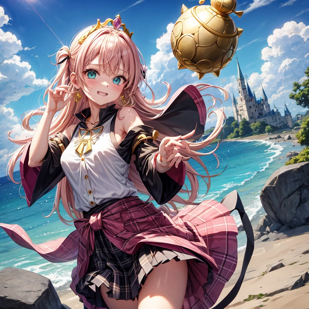 pink blonde、green eyes、one good looking girl、solo、anime、plaid mini skirt、the skirt has buttons、black camisole、black t-shirt、dress、wearing a ribbon、ribbon at waist、cloak、hood、clouds are swirling、stone slabs are piled up、one hand raised、crystal earrings、sun、teeth are visible、splash of water、monster castle、ceiling、golden key、jewelry necklace、tiara、Light and shadow