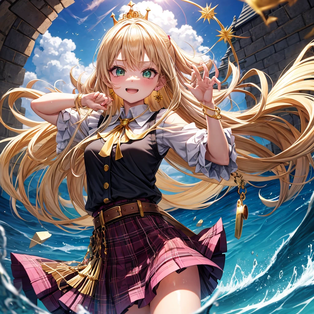 pink blonde、green eyes、one good looking girl、solo、anime、plaid mini skirt、the skirt has buttons、black camisole、black t-shirt、dress、wearing a ribbon、ribbon at waist、cloak、hood、clouds are swirling、stone slabs are piled up、one hand raised、crystal earrings、sun、teeth are visible、splash of water、monster castle、ceiling、golden key、jewelry necklace、tiara、Light and shadow