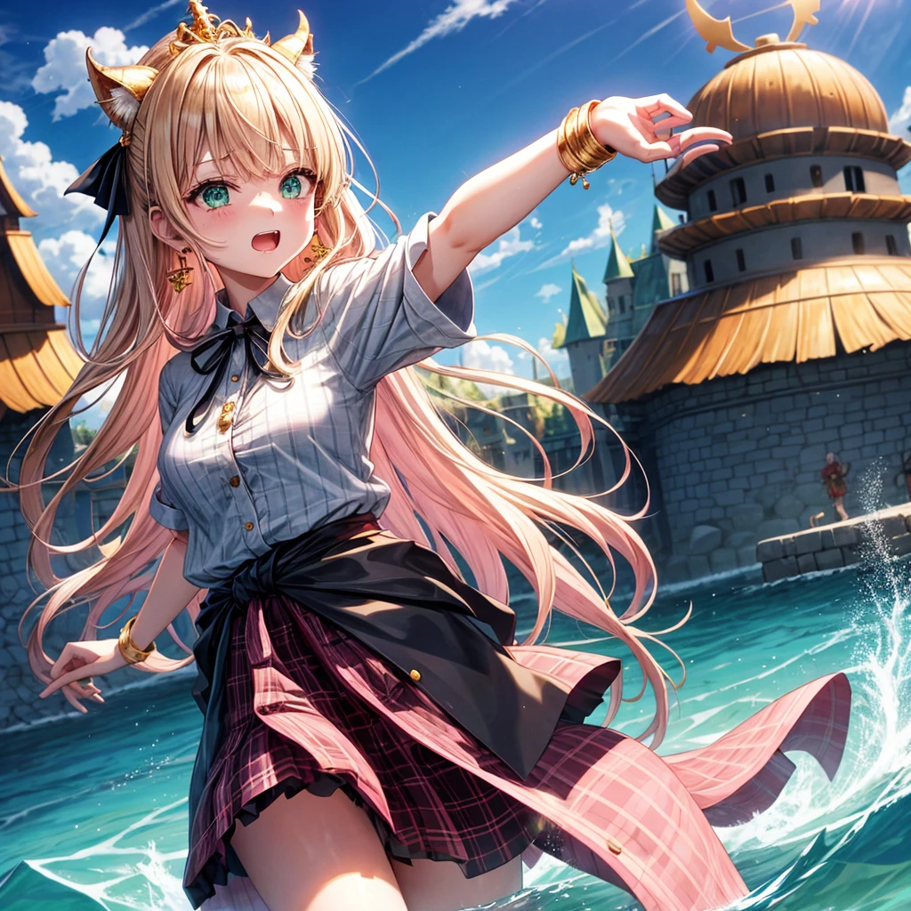 pink blonde、green eyes、one good looking girl、solo、anime、plaid mini skirt、the skirt has buttons、black camisole、black t-shirt、dress、wearing a ribbon、ribbon at waist、cloak、hood、clouds are swirling、stone slabs are piled up、one hand raised、crystal earrings、sun、teeth are visible、splash of water、monster castle、ceiling、golden key、jewelry necklace、tiara、Light and shadow