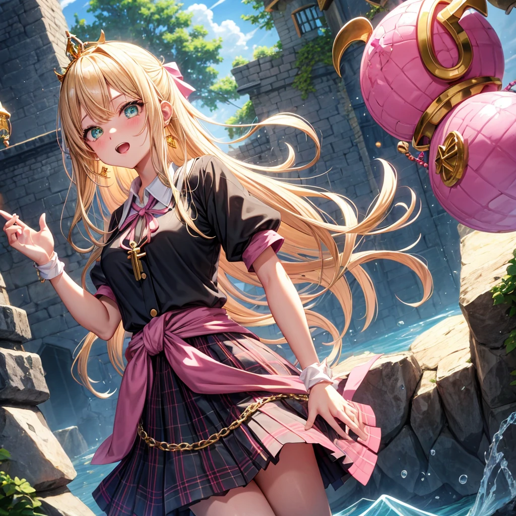 pink blonde、green eyes、one good looking girl、solo、anime、plaid mini skirt、the skirt has buttons、black camisole、black t-shirt、dress、wearing a ribbon、ribbon at waist、cloak、hood、clouds are swirling、stone slabs are piled up、one hand raised、crystal earrings、sun、teeth are visible、splash of water、monster castle、ceiling、golden key、jewelry necklace、tiara、Light and shadow