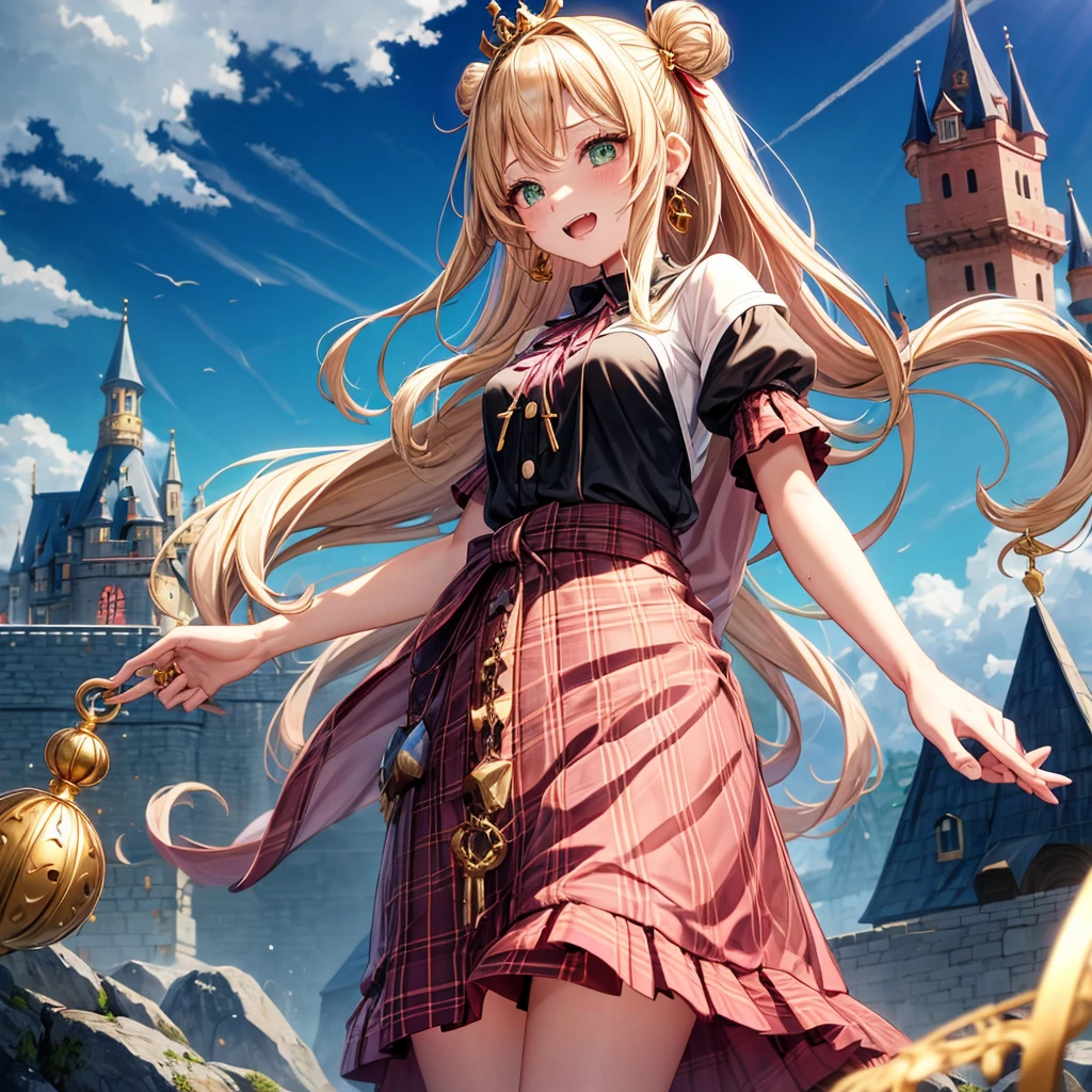 pink blonde、green eyes、one good looking girl、solo、anime、plaid mini skirt、the skirt has buttons、black camisole、black t-shirt、dress、wearing a ribbon、ribbon at waist、cloak、hood、clouds are swirling、stone slabs are piled up、one hand raised、crystal earrings、sun、teeth are visible、splash of water、monster castle、ceiling、golden key、jewelry necklace、tiara、Light and shadow