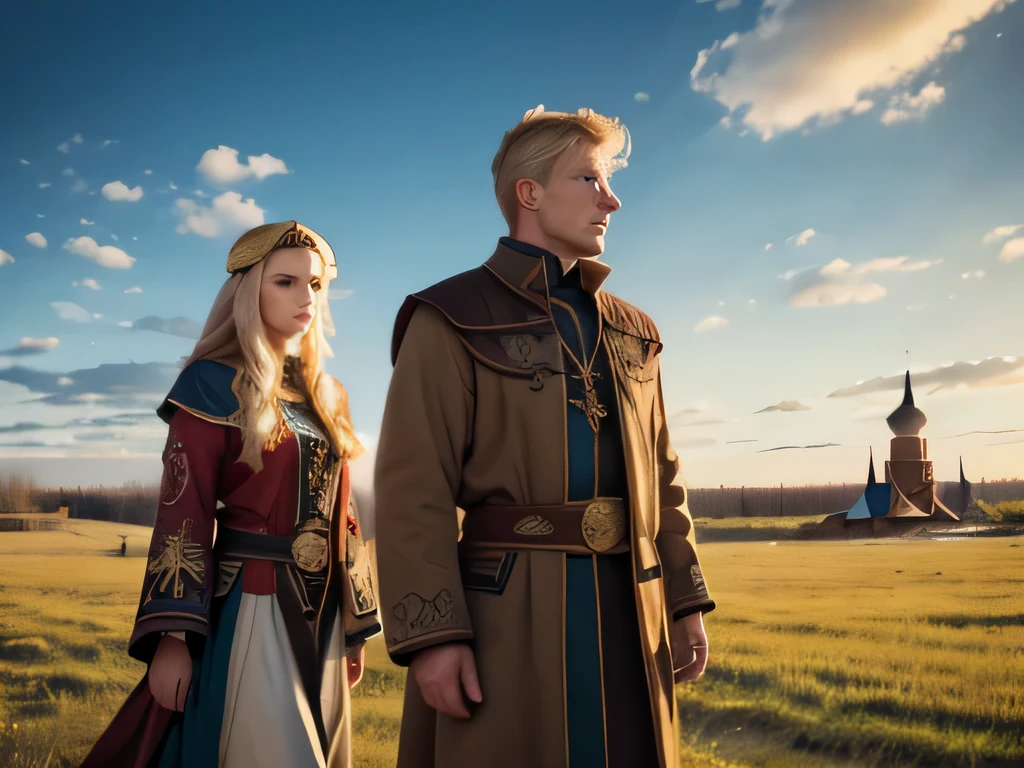 ancient Russian city, wooden carved houses, landscape of the Central Russian Plain, man and woman with blond hair and blue eyes in ancient Russian clothes