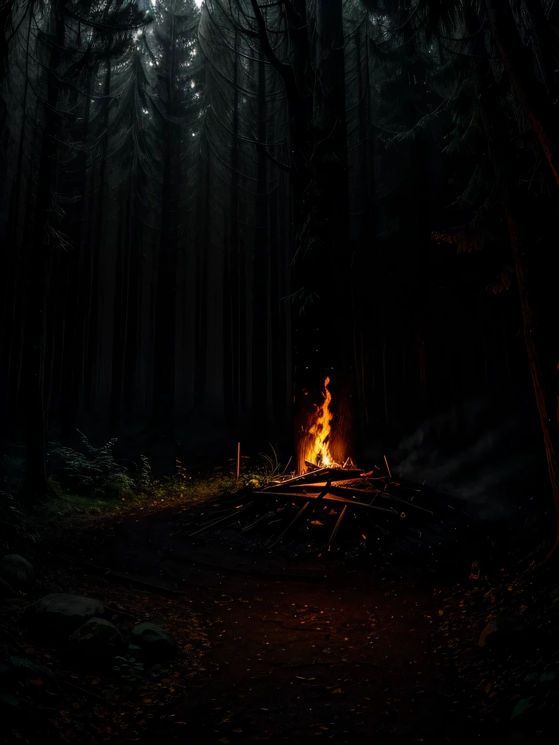 like a horror movie。forest。bonfire。night。darkness
