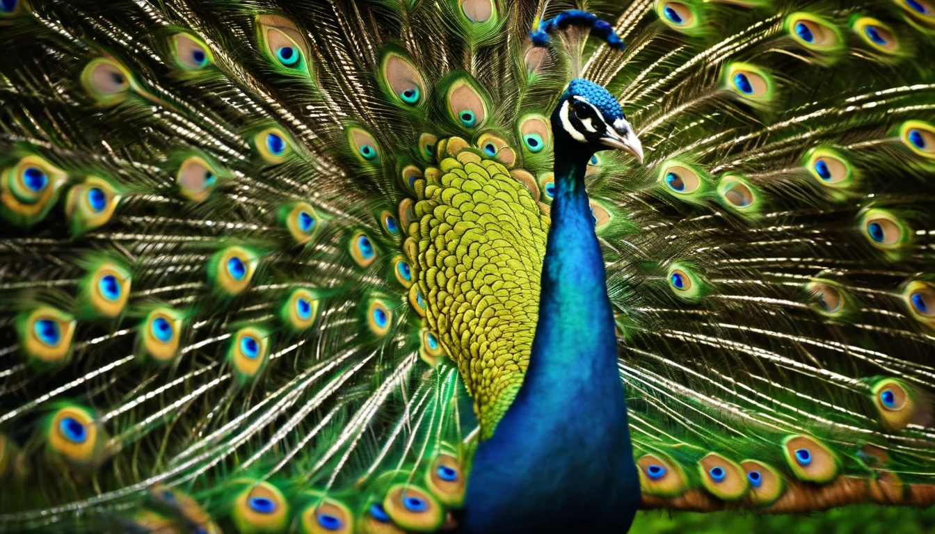 A majestic peacock displaying its colorful feathers in a lush, springtime botanical garden
