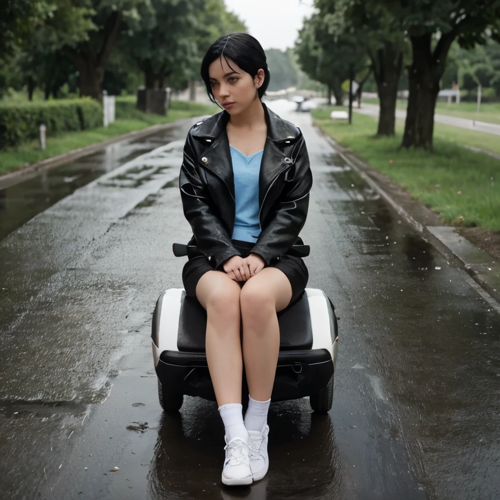 A beautiful girl is sitting in the middle of the road on a beautiful road, the girl has short black hair, She wears a black leather jacket, she wears a short blue skirt, She has white skin and is a little sad, she wears white socks and white shoes, the girl has a sexy pose And she has a sexy body and is a little embarrassed, the whole road is full of trees and grass, the weather is cloudy and it is raining a little, the road is wet and damp.